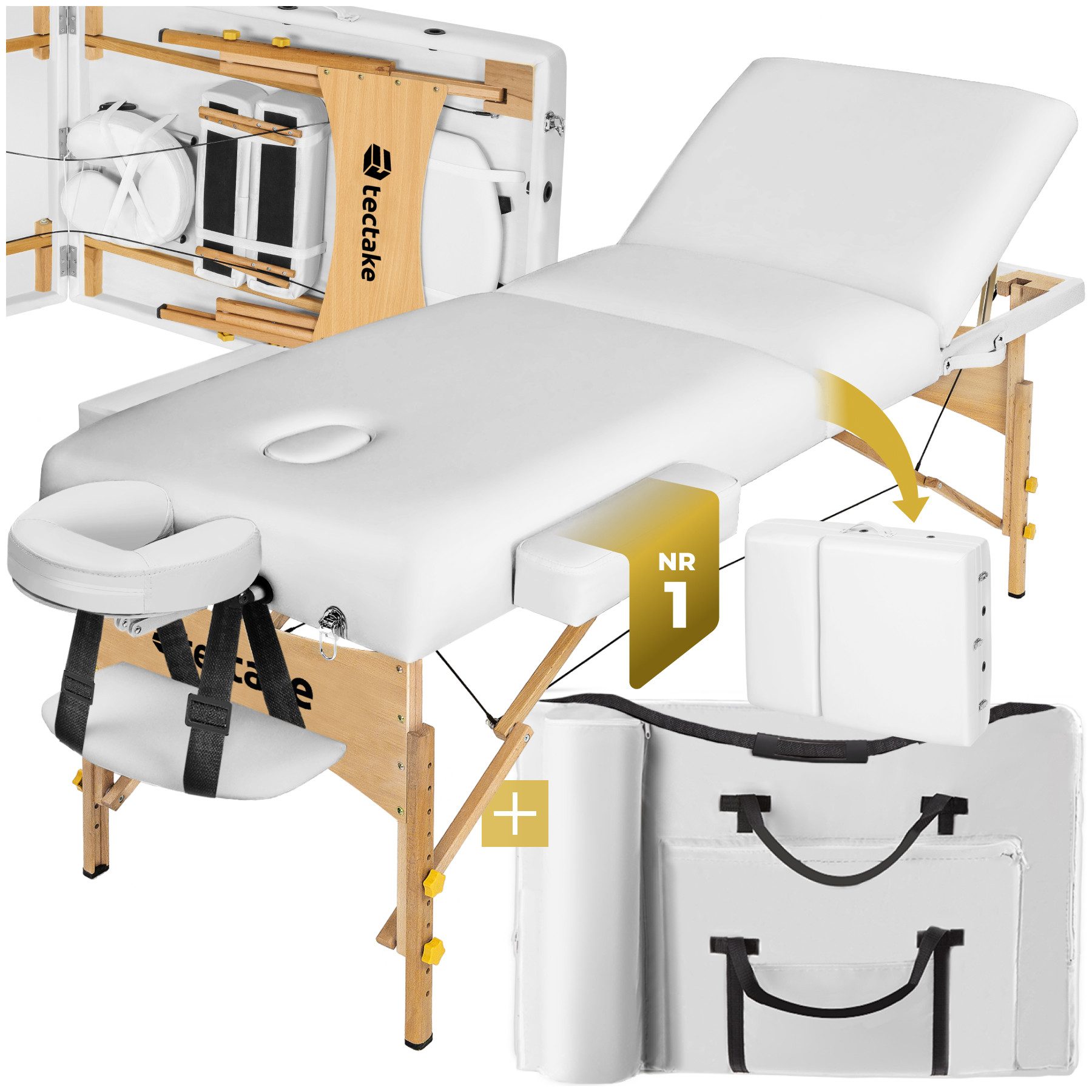 tectake Massageliege 3-Zonen-Behandlungsliege 218 x 102 x 90 cm, 70 cm breit, klappbar (Massagebank, 1-St., in weiß), 10-cm-Polster, Holzgestell, höhenverstellbar, Kopf-/Armablagen, Tasche