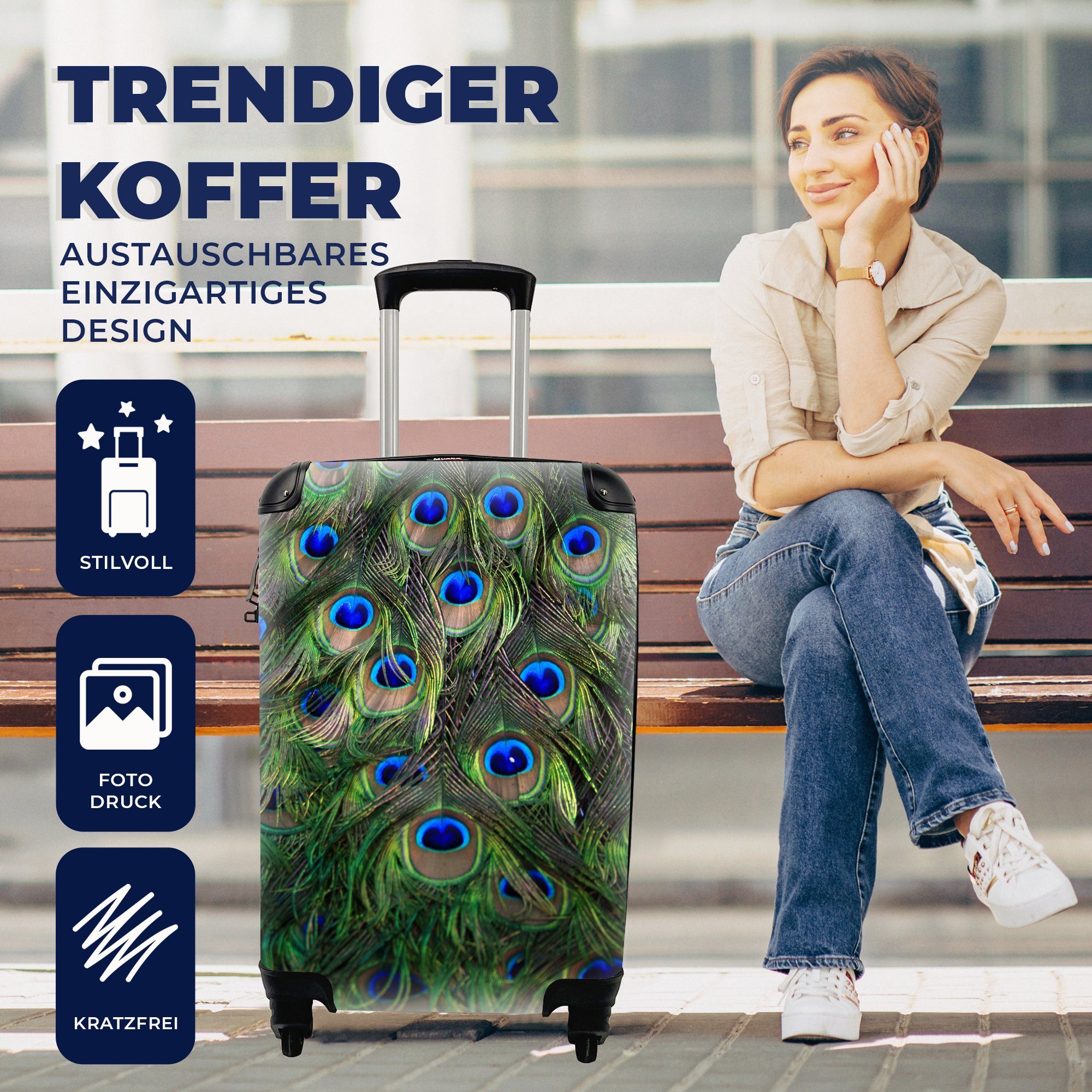 Federn mit Reisetasche Pfau Augen Blau, Rollen, - Handgepäck rollen, Reisekoffer - Handgepäckkoffer Ferien, 4 MuchoWow Trolley, für -