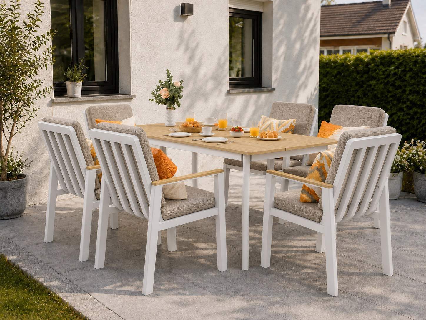 MeXo Gartenlounge-Set Garten Essgruppe für 6 Personen, (Gartenmöbel-Set aus Aluminium, 7-tlg., mit ergonomischen Sesseln inkl. Kissen), Belastbarkeit pro Sitzplatz 140 kg