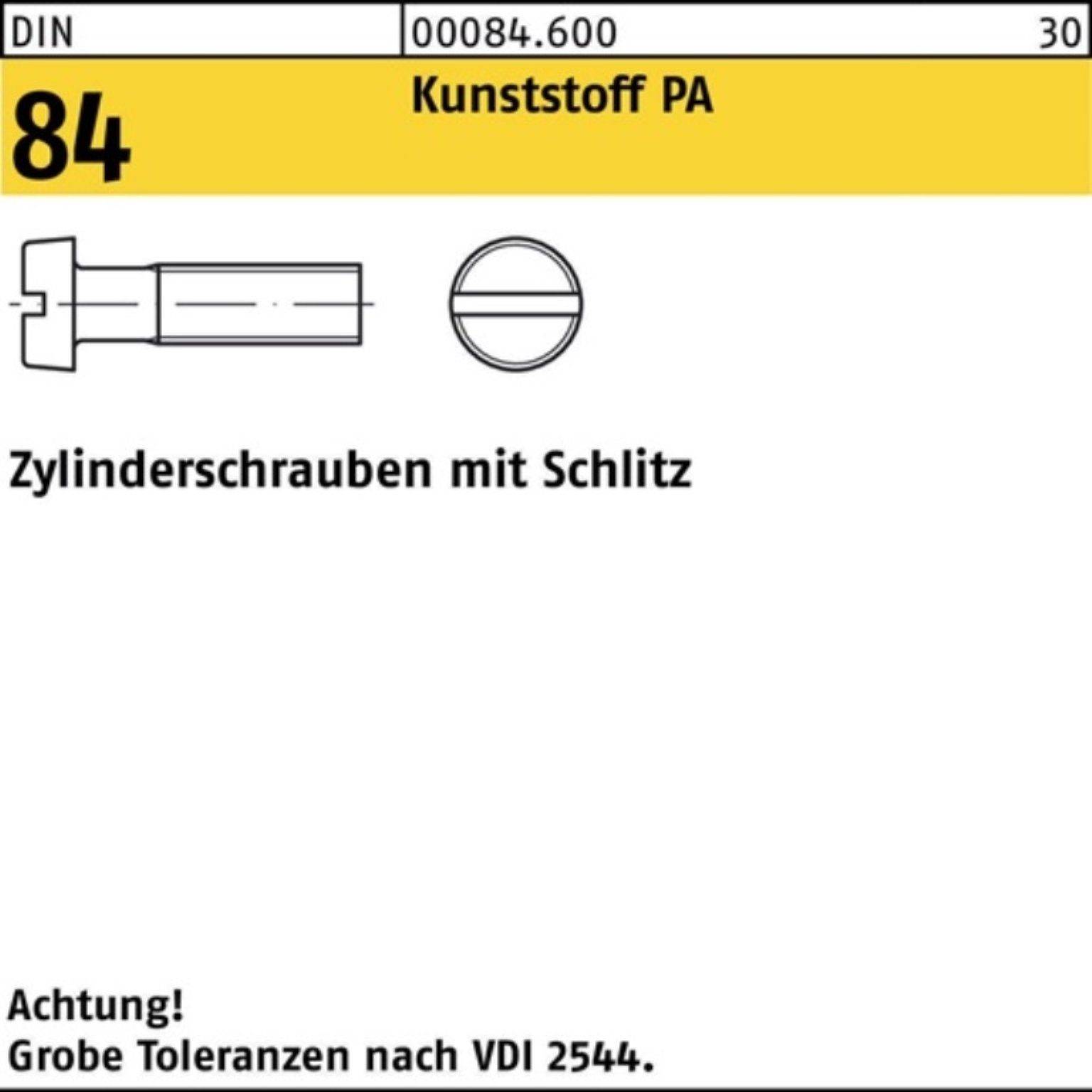 Reyher Zylinderschraube 100er Pack Zylinderschraube DIN 84/ISO 1207 Schlitz M8x 50 Polyamid 10