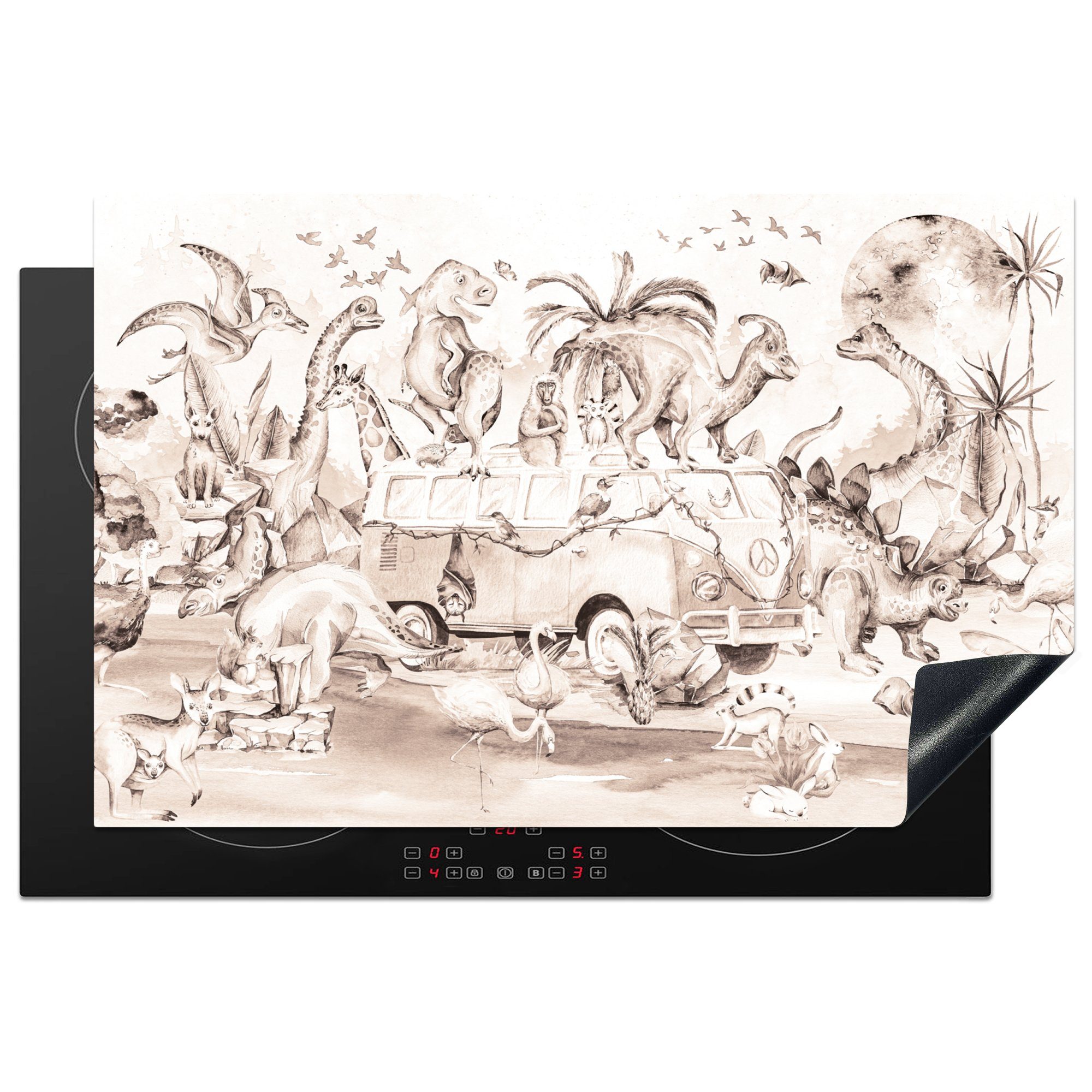MuchoWow Herdblende-/Abdeckplatte Dinosaurier - Bus - Kinder - Tiere - Bäume, Vinyl, (1 tlg), 81x52 cm, Induktionskochfeld Schutz für die küche, Ceranfeldabdeckung