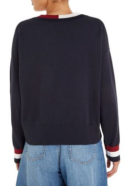Tommy Hilfiger V-Ausschnitt-Pullover GS CO V-NK SWEATER mit Global Stripe am Ausschnitt & Ärmelbündchen