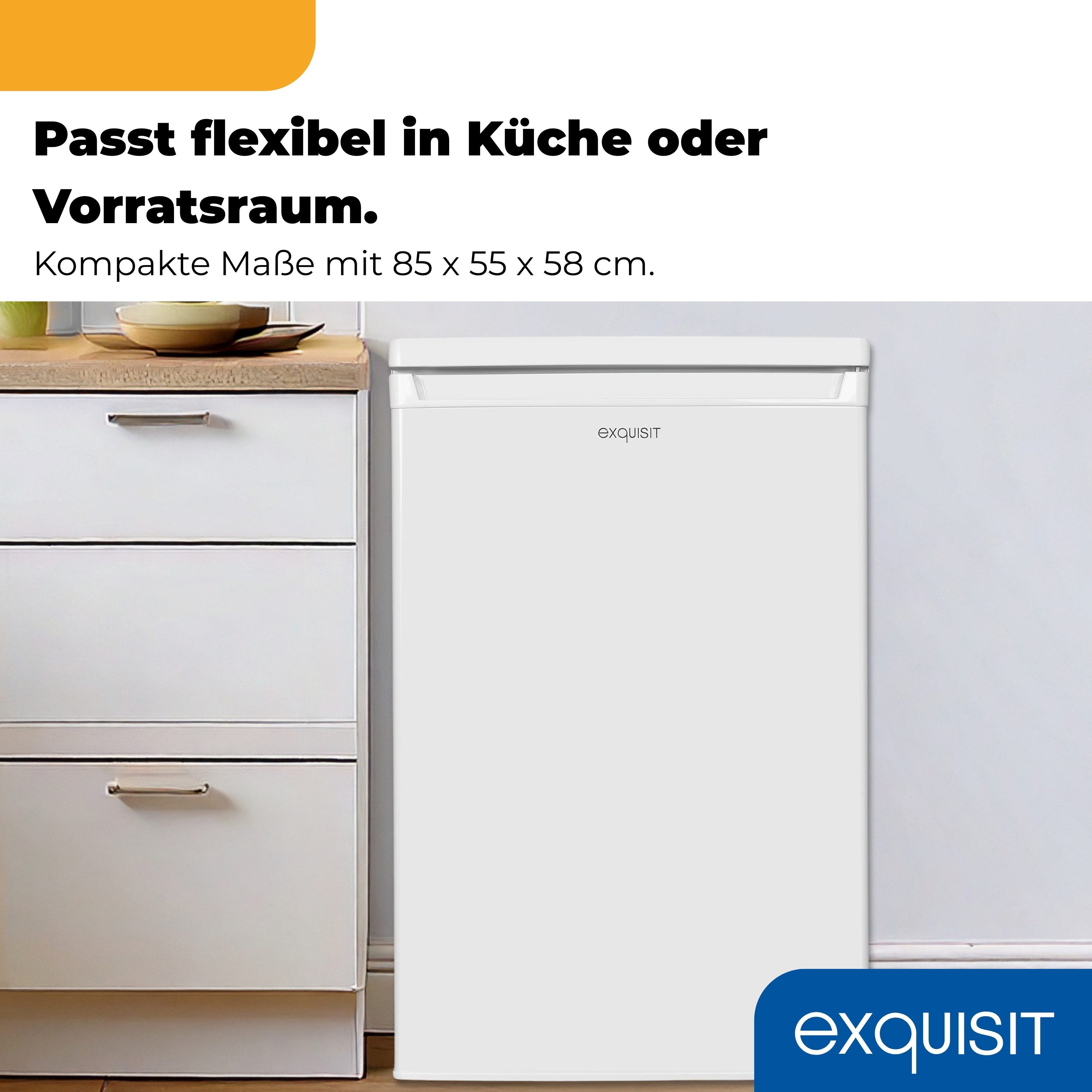 exquisit Vollraumkühlschrank KS516-V-040D, 85 cm hoch, 55 cm breit, 126 l Nutzinhalt, LED Beleuchtung, 39 dB, Geräuschklasse C