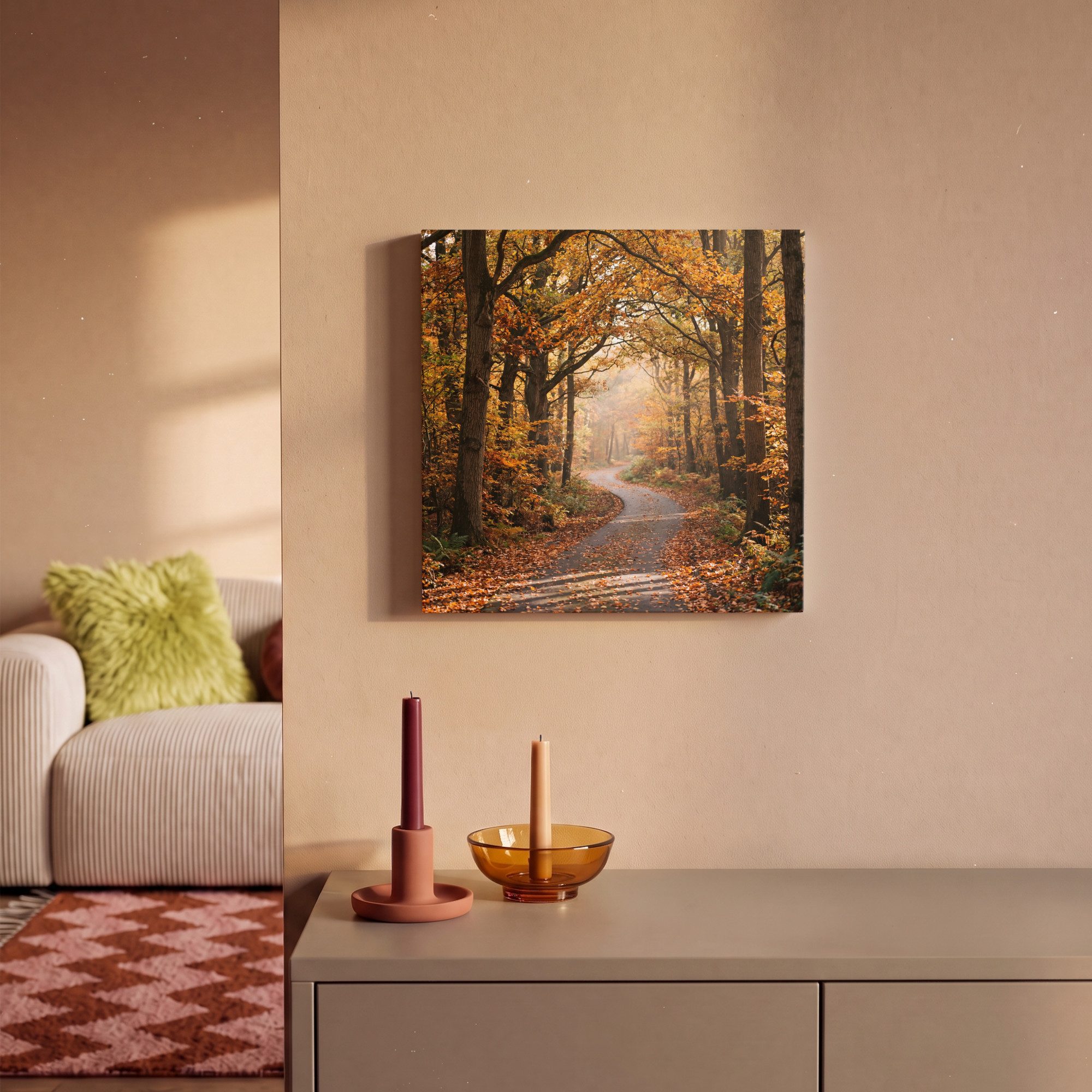 OneMillionCanvasses® Leinwandbild Waldweg - Herbstwald - Blätter - Orange - Nostalgisch, Fotodruck (1 St), Wandbild, Deko Schlafzimmer Wohnzimmer Flur 20x20 cm – Bild 2 von 5