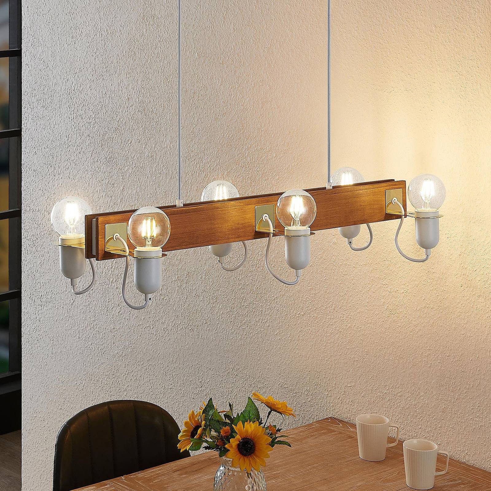 Lucande Hängeleuchte Becky, Holz Weiß IP20, 6 x 60 W