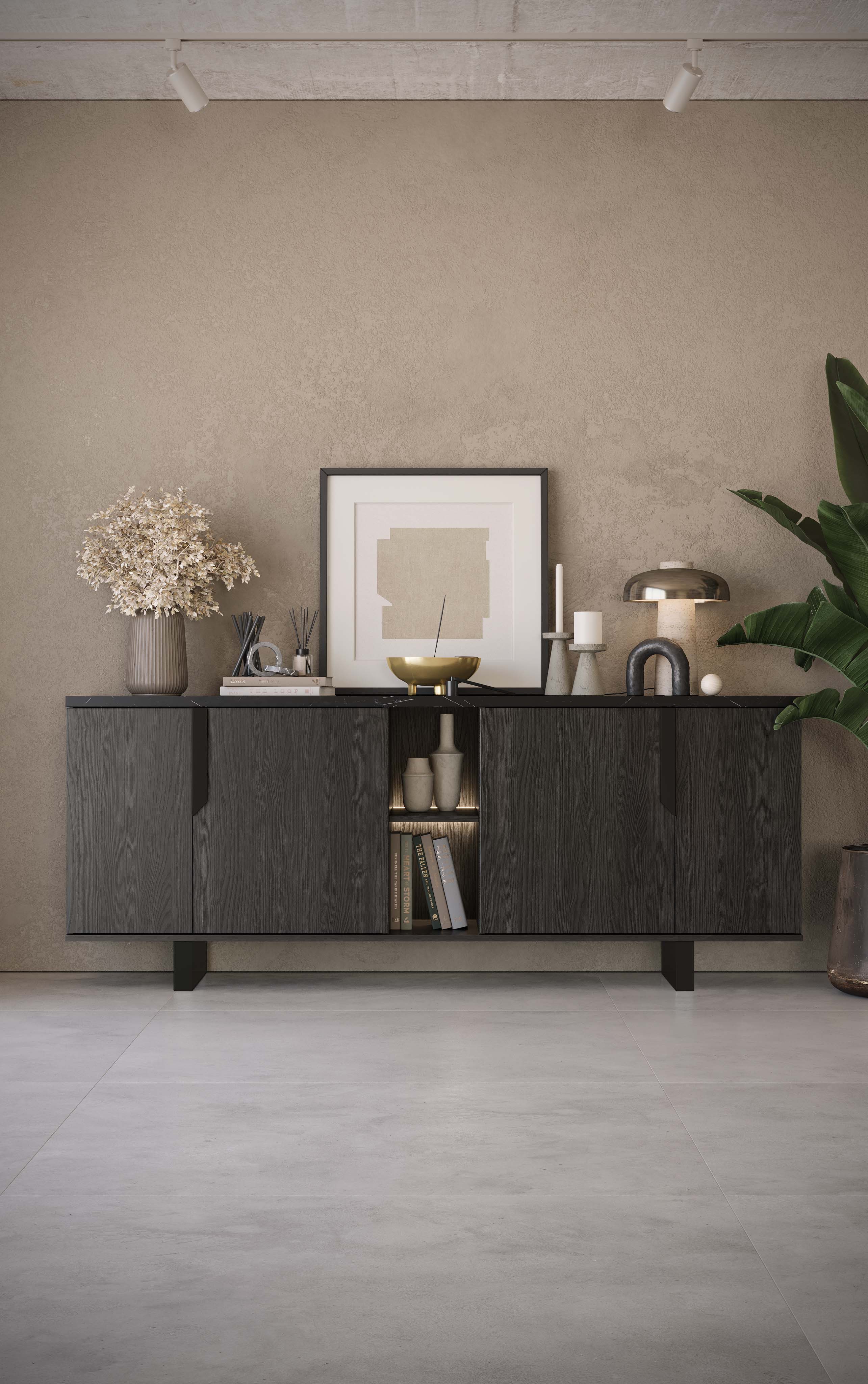 Interdesign24 Sideboard Orion (in dunkler Rosenholzoptik mit Oberplatte in Marmoroptik, 4-Türig mit 2 offenen Fächern, mit schwarzen Griffen), Made in Italy
