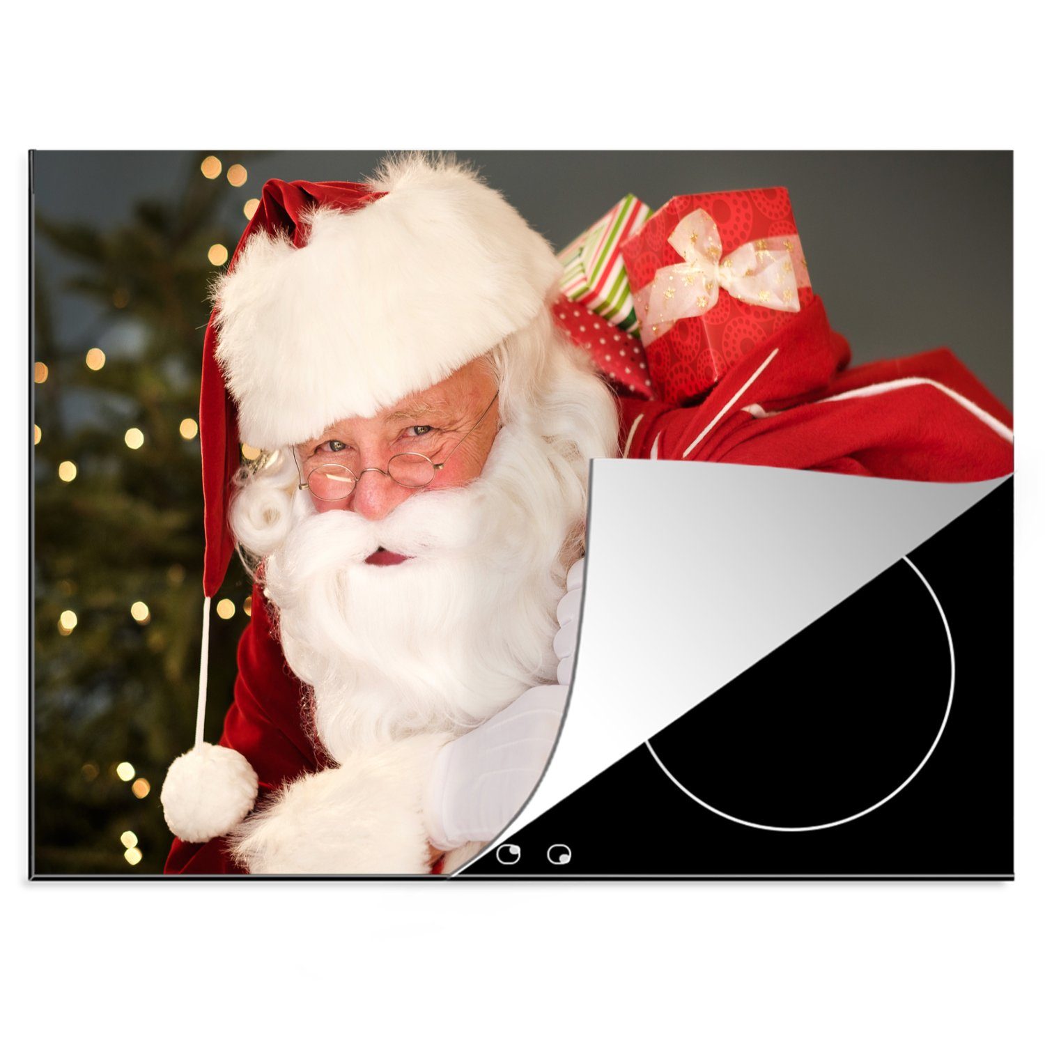 MuchoWow Herdblende-/Abdeckplatte Ein Porträt des Weihnachtsmanns, der einen roten Sack über der, Vinyl, (1 tlg), 70x52 cm, Mobile Arbeitsfläche nutzbar, Ceranfeldabdeckung