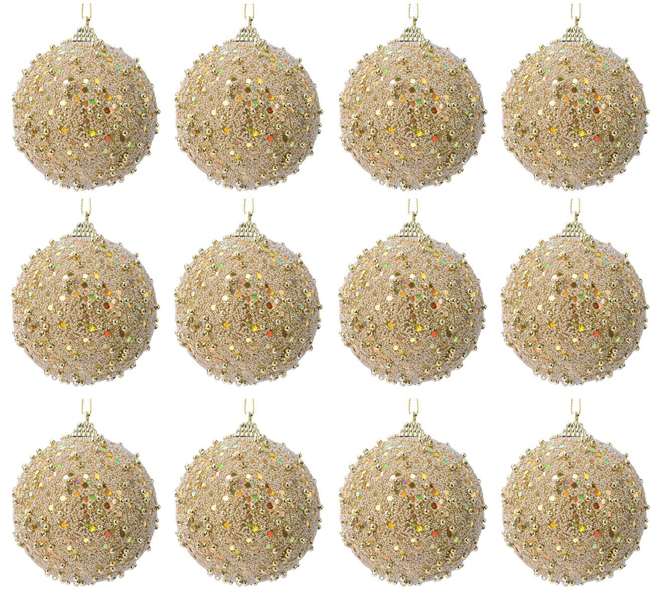 Kaemingk Weihnachtsbaumkugel, Weihnachtskugeln Kunststoff 8cm Perlen Pailletten 12er Set - Hellgold