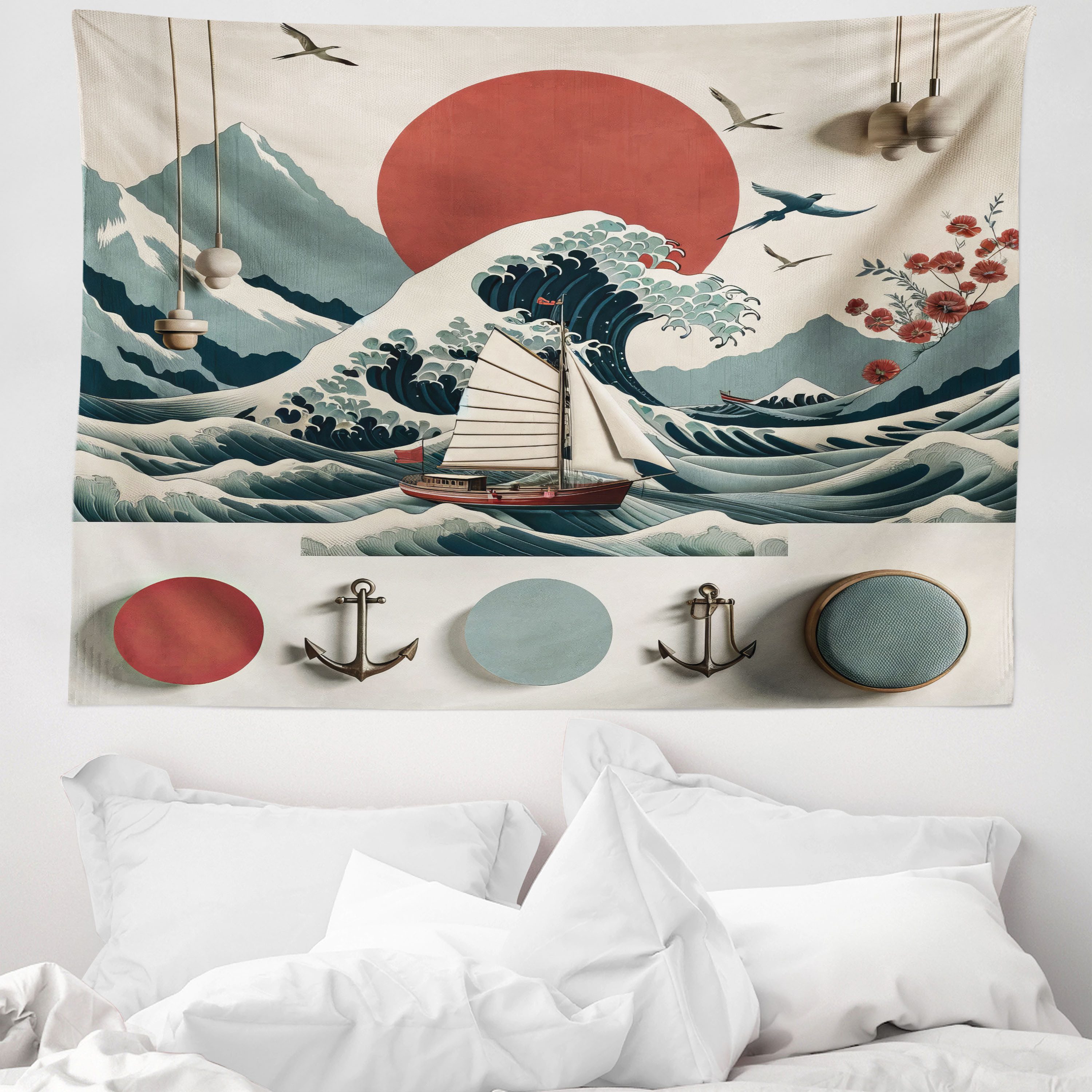 Wandteppich aus Weiches Mikrofaser Stoff Für das Wohn und Schlafzimmer, Abakuhaus, rechteckig, Nautisch Japanische Welle Anker Kunstwerk