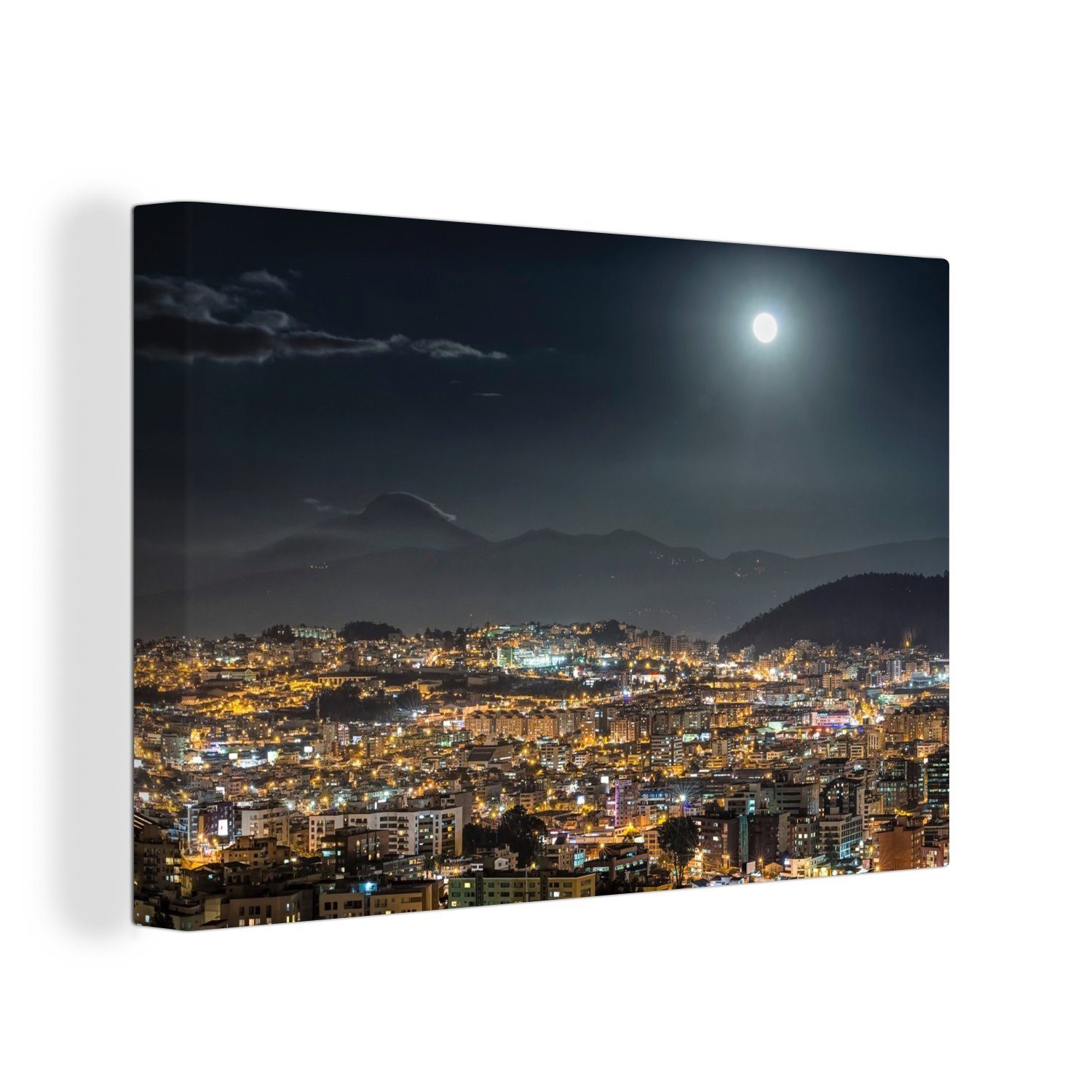 OneMillionCanvasses® Leinwandbild Vollmond beleuchtet den Vulkan Cayambe und die Stadt Quito in Ecuador, (1 St), Wandbild Leinwandbilder, Aufhängefertig, Wanddeko, 30x20 cm