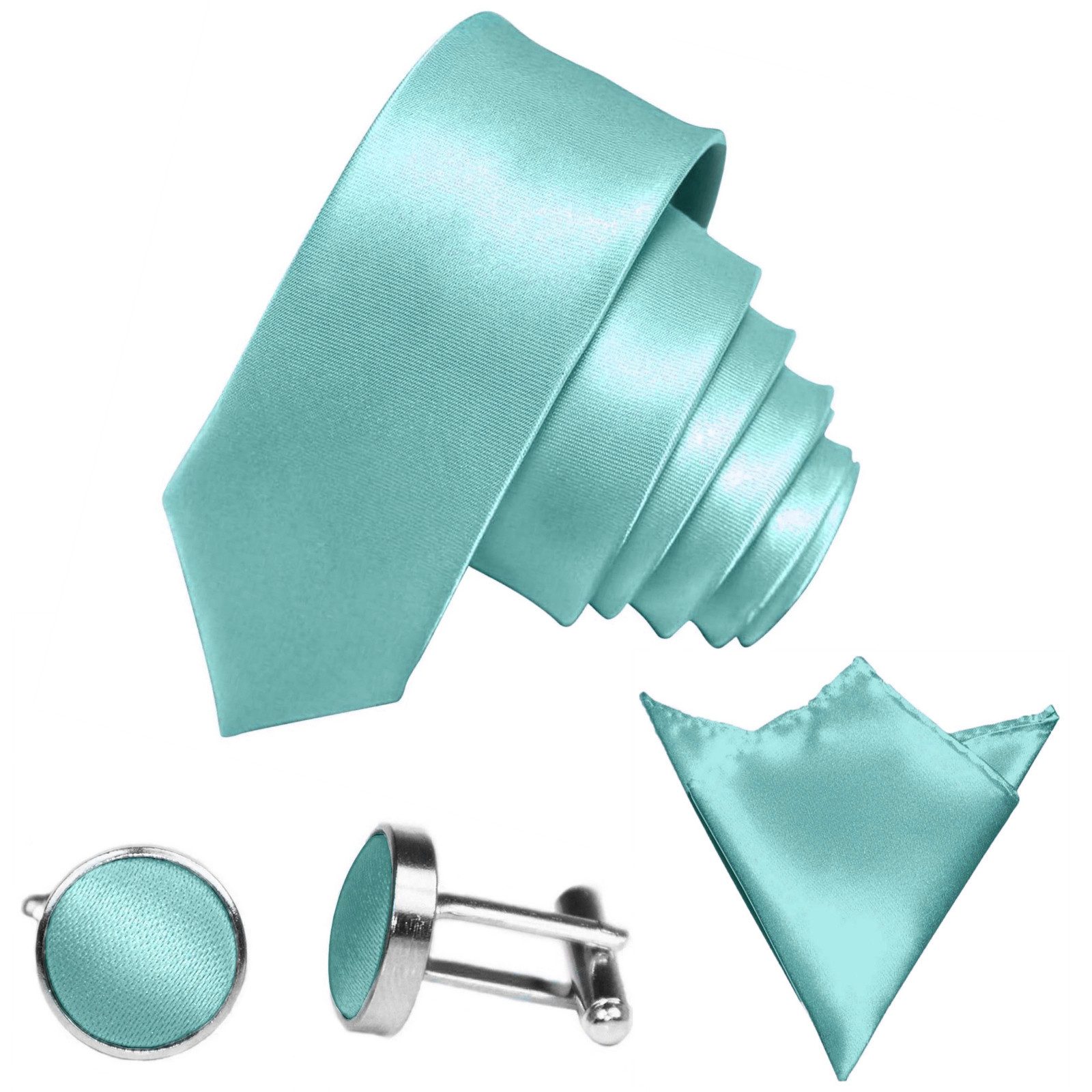 GASSANI Krawatte Satin Hochzeitskrawatte, Herren-Krawatte Hochzeit Schlips z Anzug (Set, 3-St., Krawattenset, Manschettenknöpfe, mit Einstecktuch) 6cm Schmal Dünn, Slim Uni, Seide-Touch-Finish