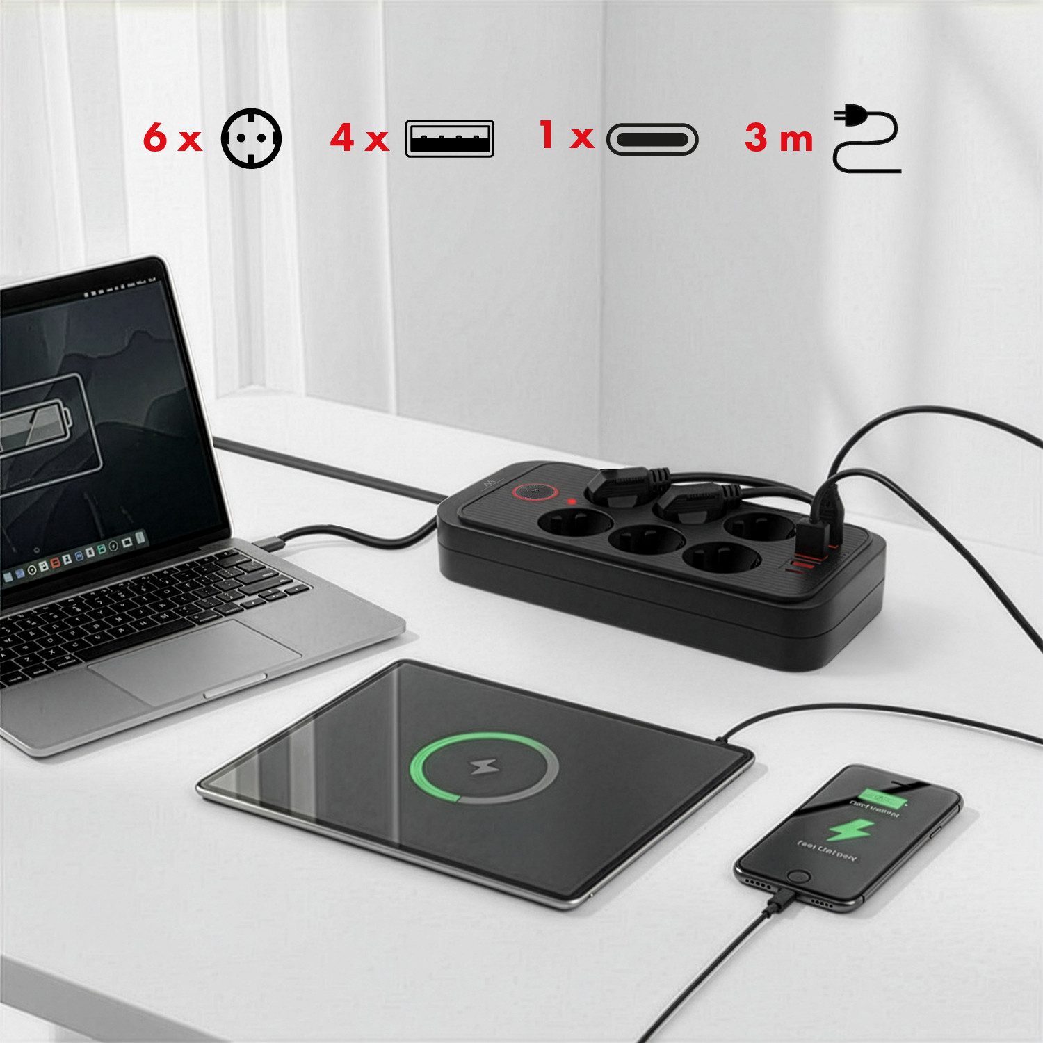 Maclean Steckdosenleiste 6 Steckdosen 2500W 4xUSB Mehrfachsteckdose 6-fach (Ein-/Ausschalter, Kabellänge 3 m), 110-240V AC 50/60Hz, 2,1A max 2500W – Bild 3 von 5