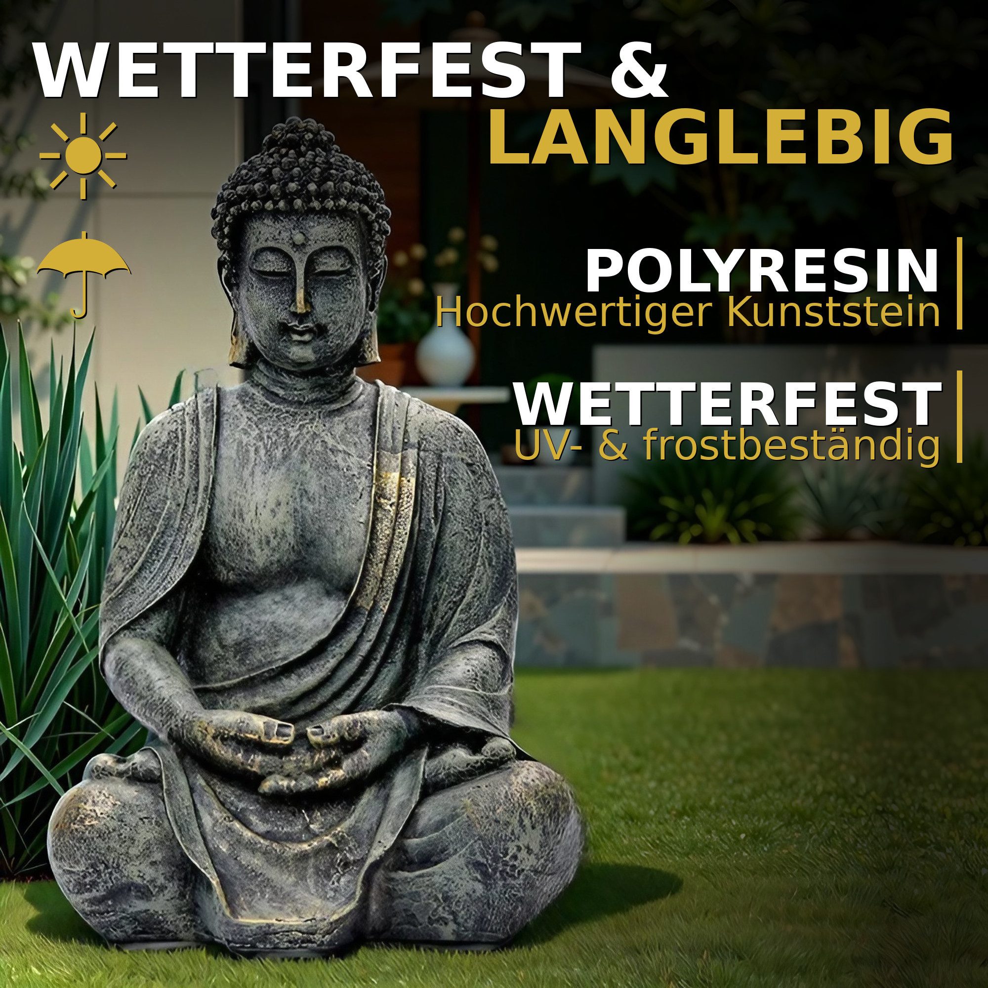 INtrenDU Gartenfigur Buddha Sitzend 38 cm, Wetterfeste Statue aus Polyresin