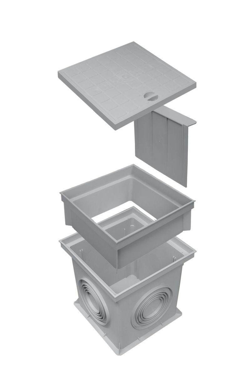 Marley Deutschland GmbH Erdschacht 300x300mm Einlaufschacht + Aufsatz + Schachtdeckel + Geruchsverschl., 30x30x38 cm, 4-St., laugen- und säurebeständig, PKW-befahrbar