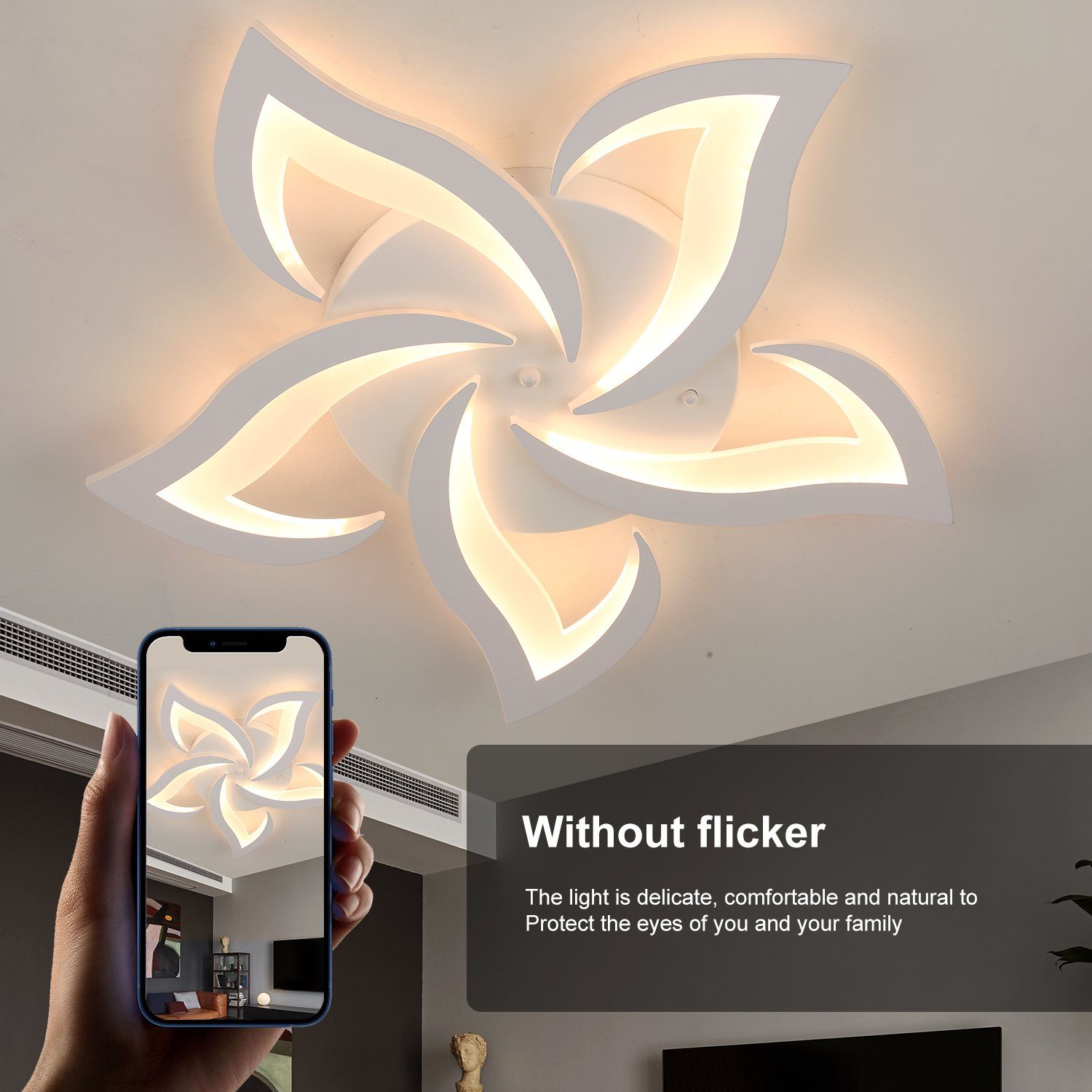 LETGOSPT Deckenleuchte 50W LED-Deckenleuchte, dimmbar, Wohnzimmerlampe mit Fernbedienung, LED fest integriert, Kaltweiß, Naturweiß, Warmweiß, 5 Sterne Blumen-Kronleuchter-Lampe,moderne Schlafzimmer-Deckenlampe