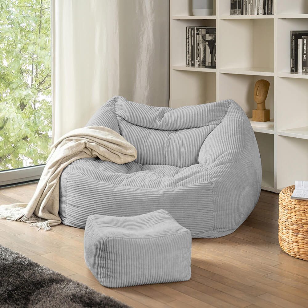 HOME DELUXE Sitzsack mit Hocker COZY – Beige, Weicher Samtstoff in Cord-Optik, Cord-Sessel