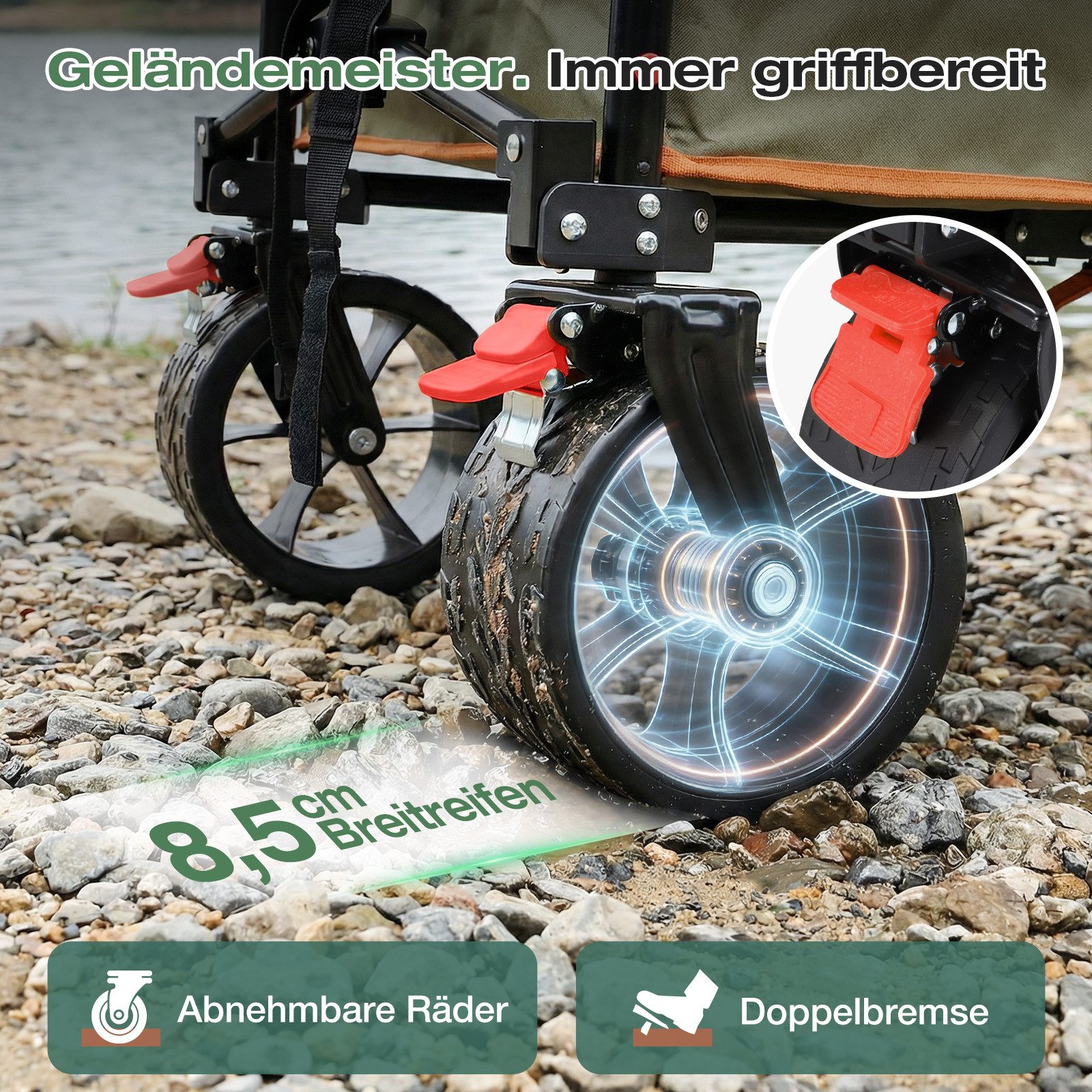 Sekey Bollerwagen 150KG Bollerwagen Faltbar Handwagen mit breiten Reifen Campingwagen, Leichter Faltbollerwagen mit Bremse, Patentiert 4-Wege-Sofortaufbau