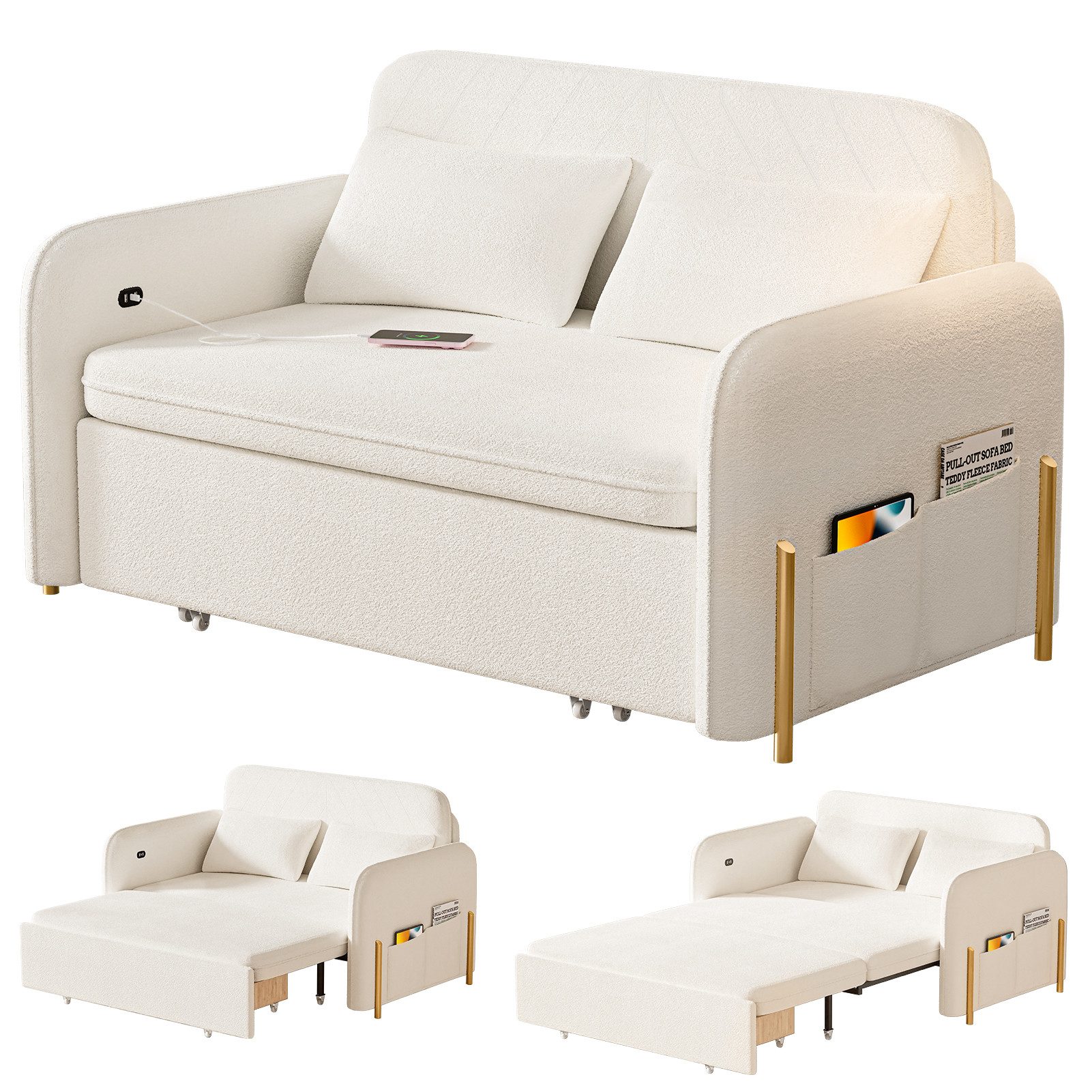 Rutaqian Schlafsofa Schlafsofa 2 Sitzer Teddy Samt ausziehbar USB Stauraum 2 Kissen, Schla fsofa Teddy Samt 2 Sitzer ausziehbar USB Stauraum