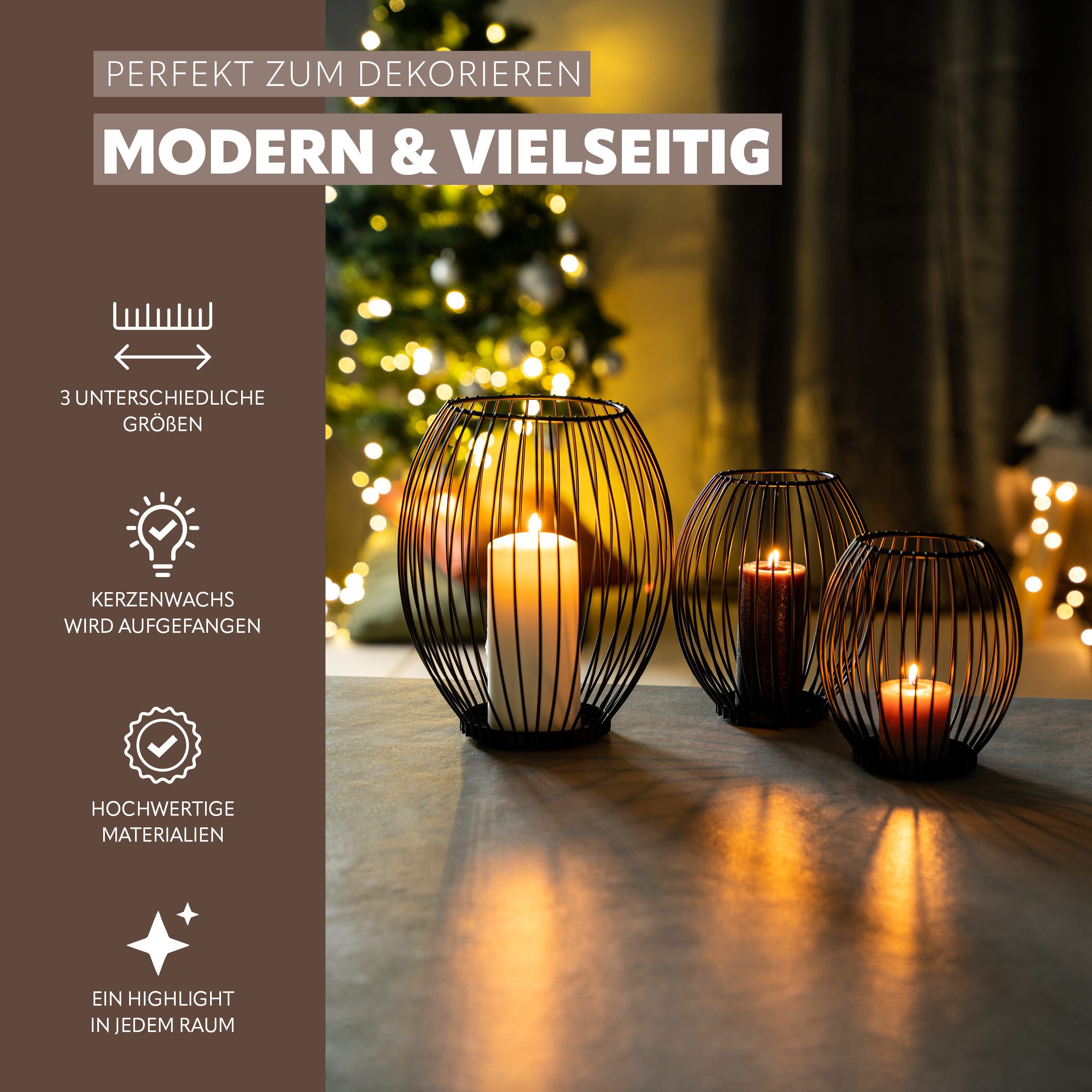 bremermann Kerzenhalter 3er-Set Kerzenhalter, Kerzenständer, Stumpenkerze, Metall, schwarz