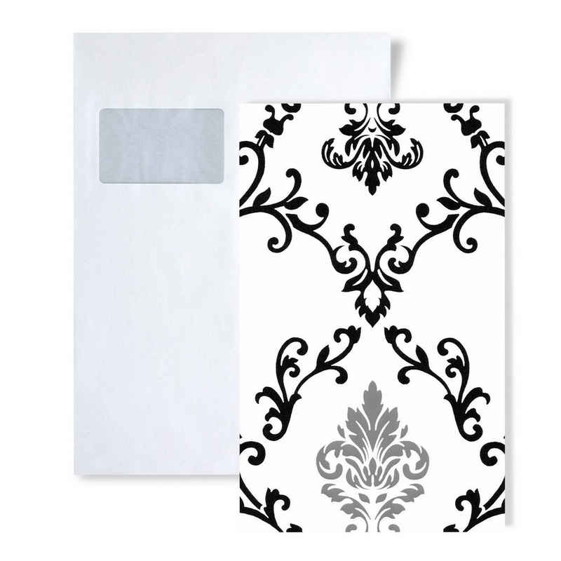 Edem Papiertapete S-85026BR20, Metall-Effekte, ornamental, Barock-Style, (1 Musterblatt, ca. A5-A4), weiß, schwarz, silber