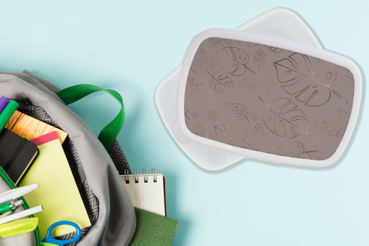 MuchoWow Lunchbox - Brotbox und (2-tlg), Erwachsene, Mädchen und Kinder weiß Muster - für Brotdose, Bronze Blätter, Jungs für - Kunststoff, Lila