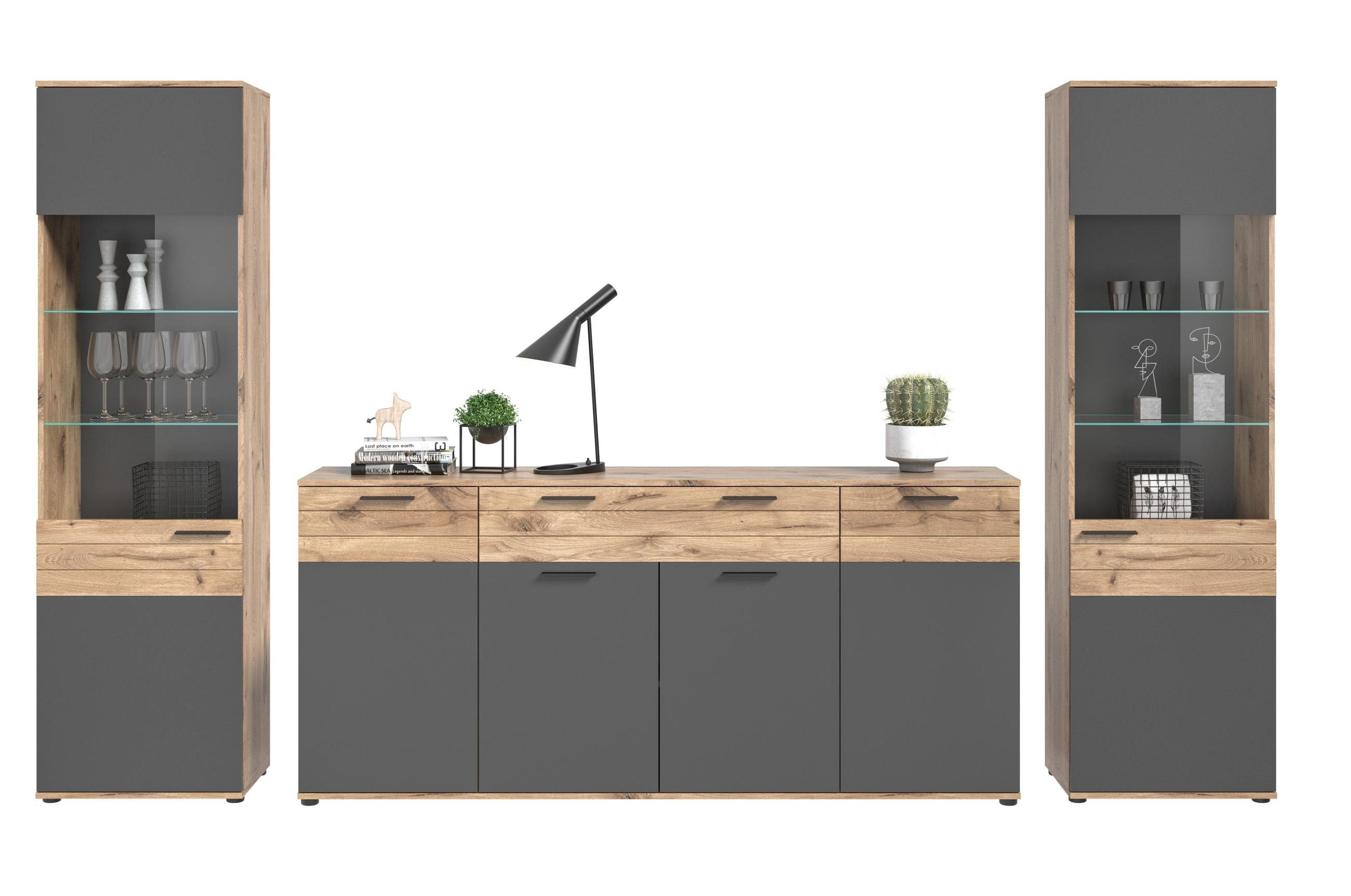 xonox.home Wohnwand Wohnwand MASON W03 3-teilig - Eiche und Basalt grau, (Komplett-Set, 3-St., Vitrine, Vitrine, Sideboard)