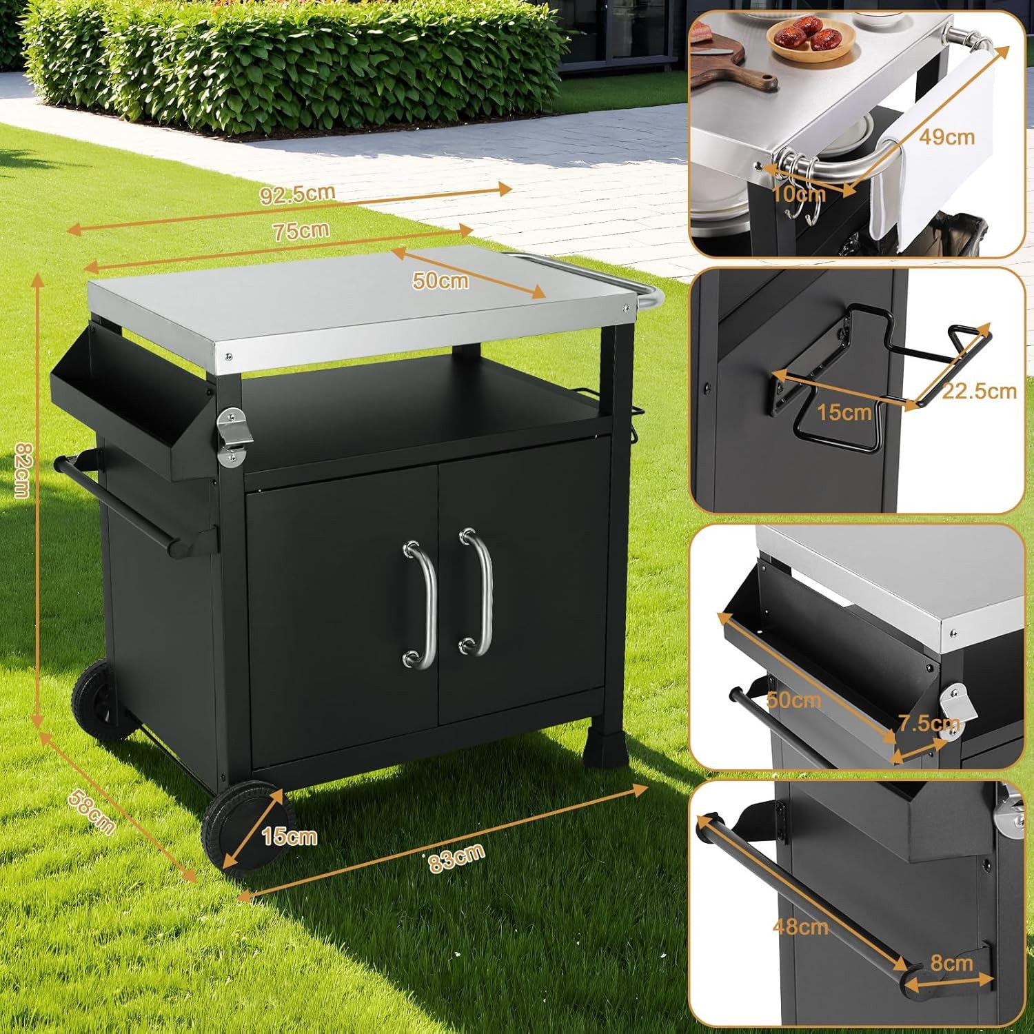 TLGREEN Grillablagetisch, Edelstahl Servierwagen 3-Etagen (92.5 x 58 x 82 cm Küchenwagen Edelstahl), Küchentrolley mit Schrank Rollen Haken,BBQ Beistellwagen Küchenwagen