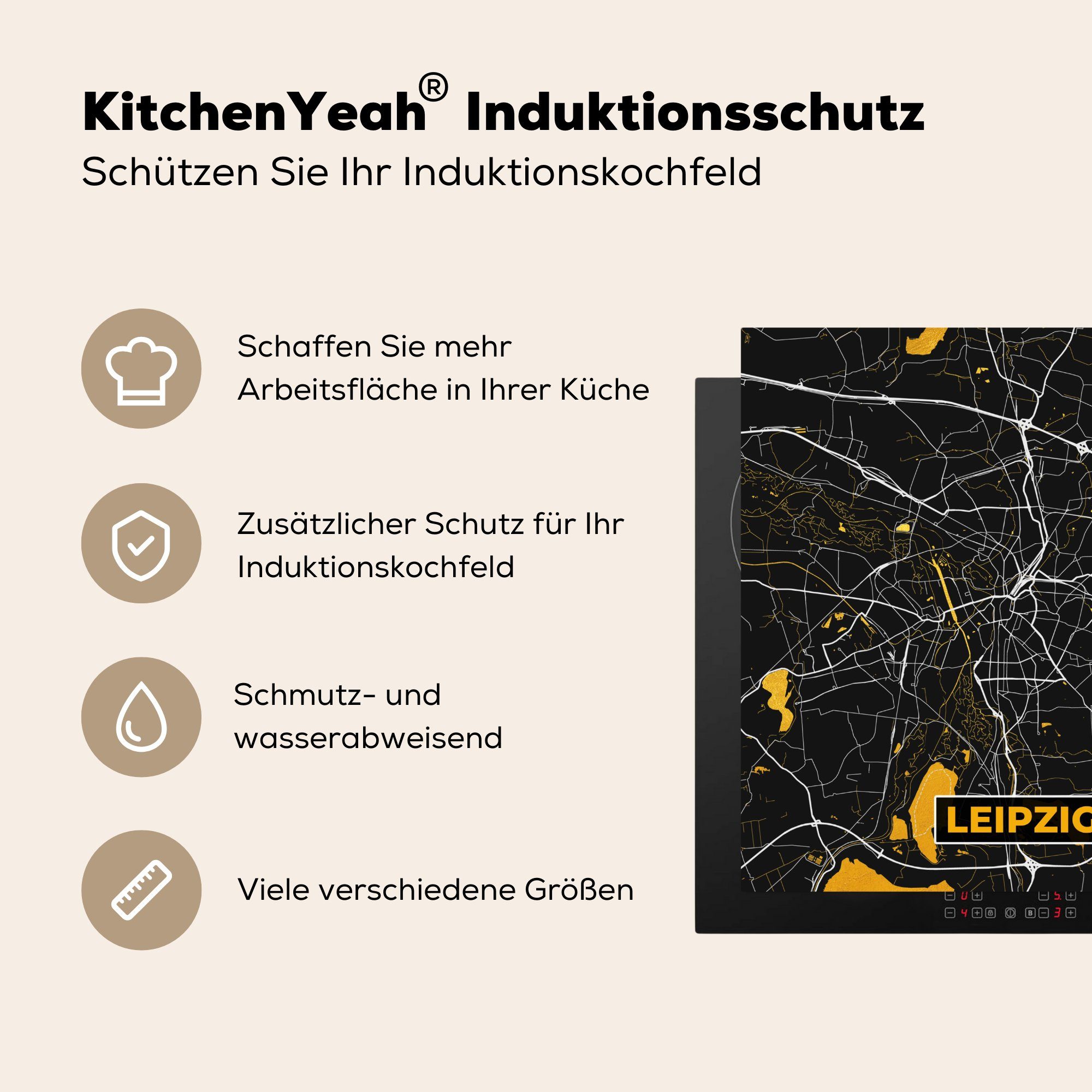 tlg), - Stadtplan Arbeitsplatte küche Herdblende-/Abdeckplatte - Leipzig - (1 Vinyl, für Karte, MuchoWow Deutschland cm, Ceranfeldabdeckung, Gold - 78x78