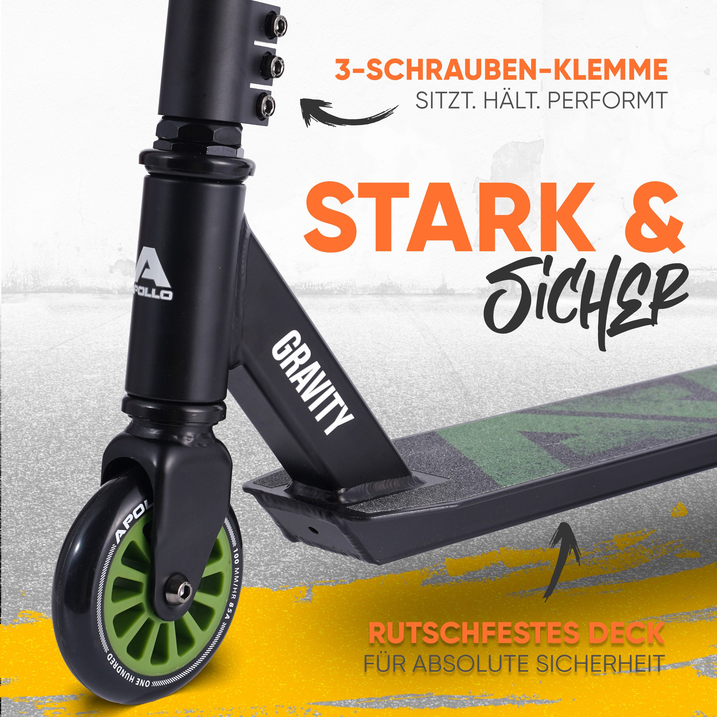 Apollo Stuntscooter Gravity - Fun-Kickscooter für Kinder und Teenager, Hohe Belastbarkeit (bis 100kg) und einfaches Handling.