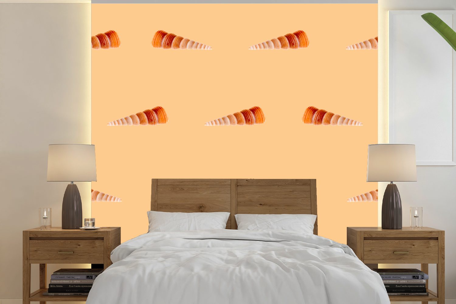 MuchoWow Fototapete Muscheln - Muster - Orange, Matt, bedruckt, (5 St), Vinyl Tapete für Wohnzimmer oder Schlafzimmer, Wandtapete
