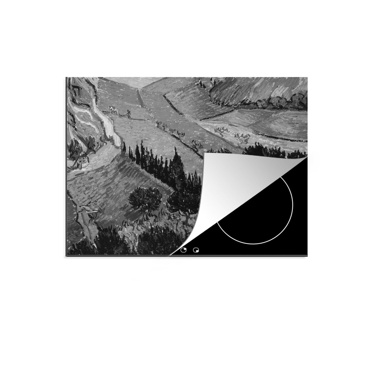 MuchoWow Herdblende-/Abdeckplatte Landschaft mit Haus und Pflüger - Vincent van Gogh - Schwarz und weiß, Vinyl, (1 tlg), 59x52 cm, Ceranfeldabdeckung für die küche, Induktionsmatte
