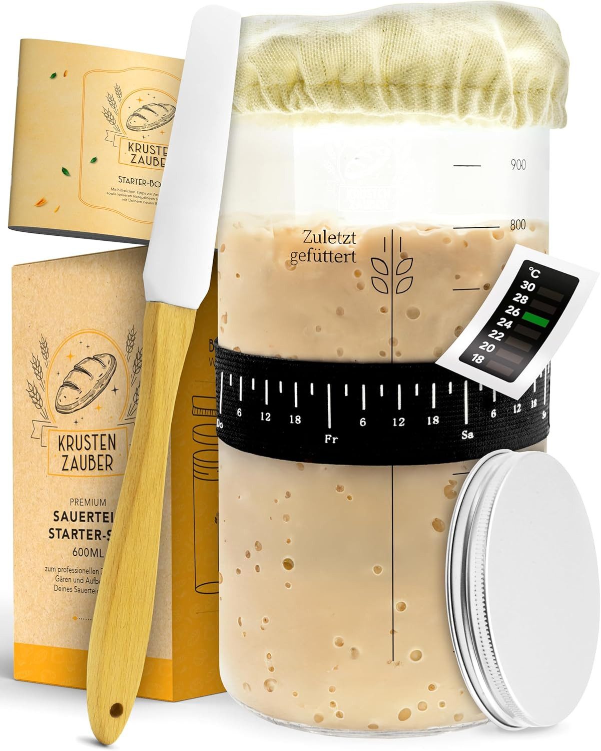 Krustenzauber Fermentationsglas Brotbackform Sauerteig Starter Set - Gärglas mit Spatel u. Thermometer, (2-tlg)
