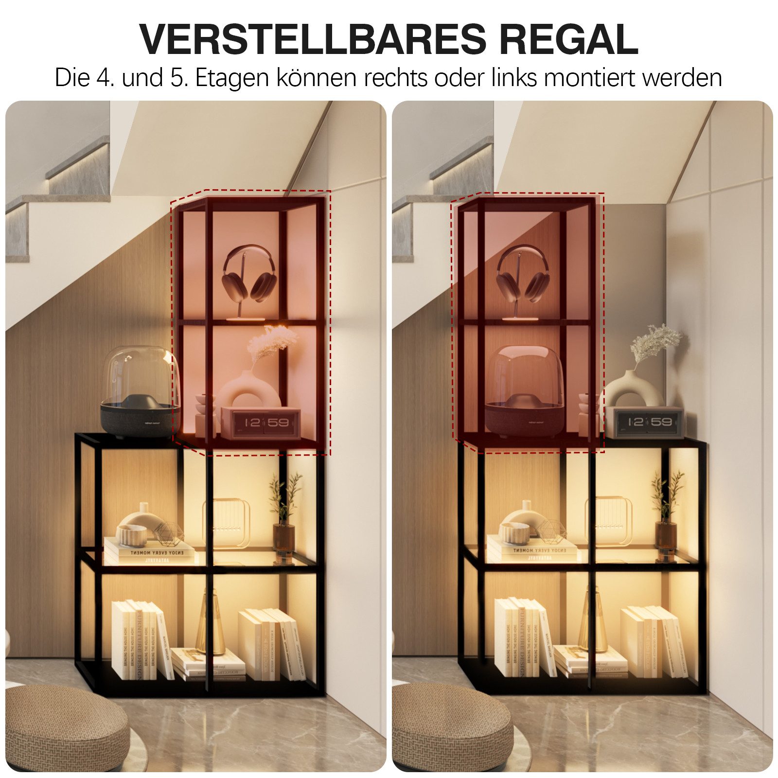 XERSEK Standvitrine Vitrinenschränke mit ferngesteuerte LED Glasvitrine Sammlervitrine (L-Förmig Verstellbar 6 Fächer inkl. 2 Sicherheitsglas) für Wohnzimmer Schlafzimmer