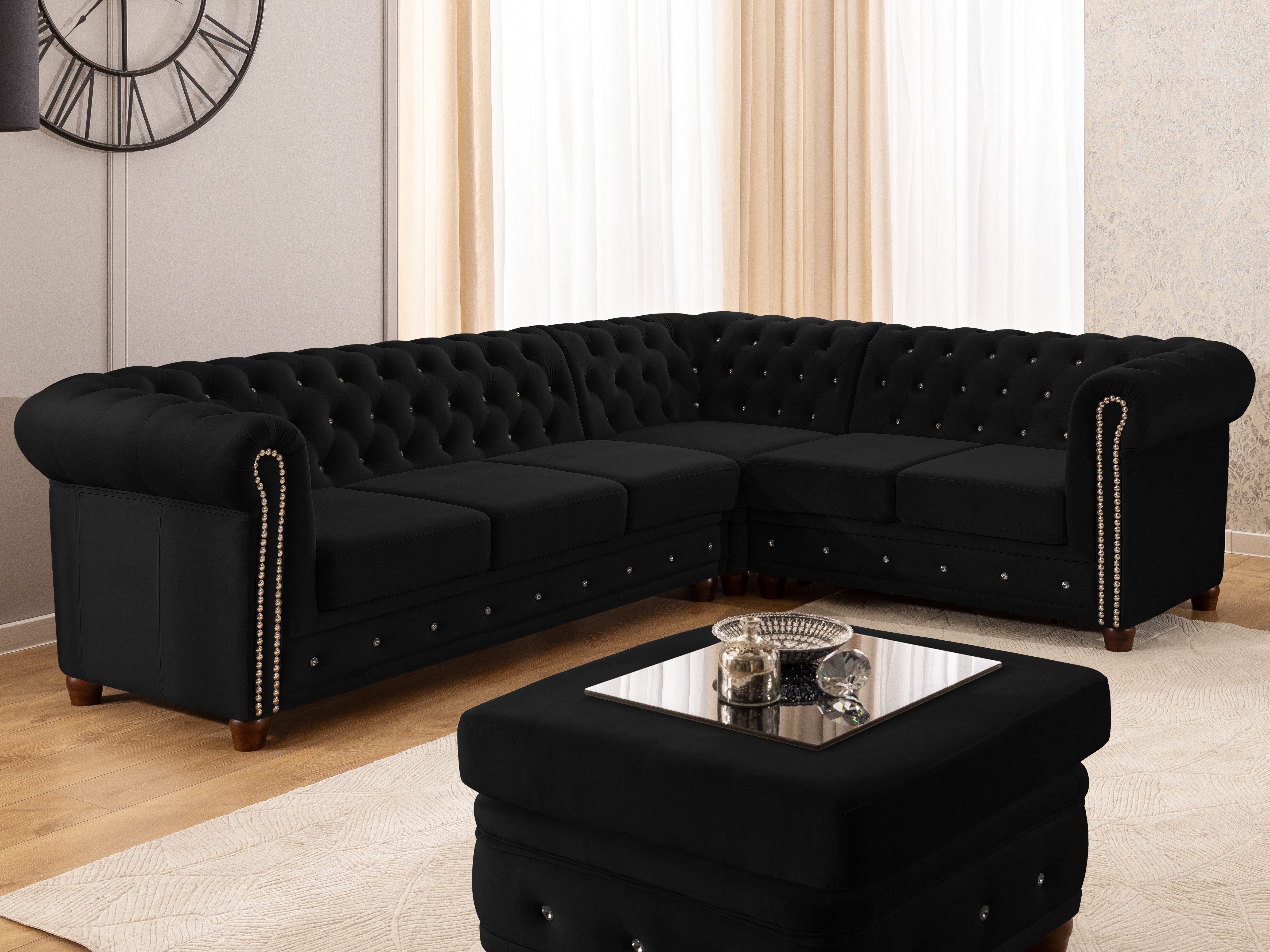 S-Style Möbel Ecksofa Chesterfield mit Schlaffunktion Cleo Blink Samt mit Kristallsteppung, mit Wellenfederung