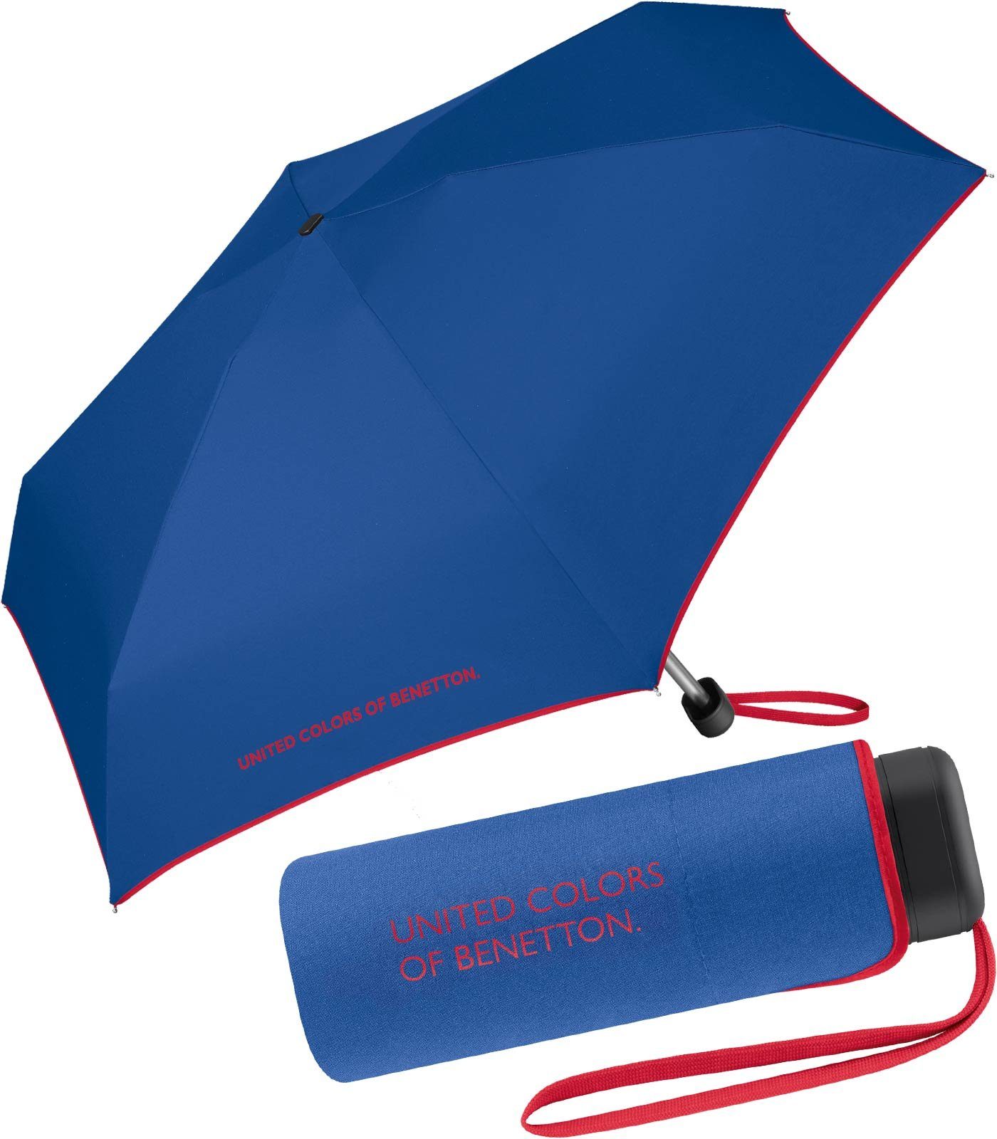 United Colors of Benetton winziger blau-rot Handöffner, mit mit Kontrastfarben am Schirmrand - Damen-Regenschirm Taschenregenschirm