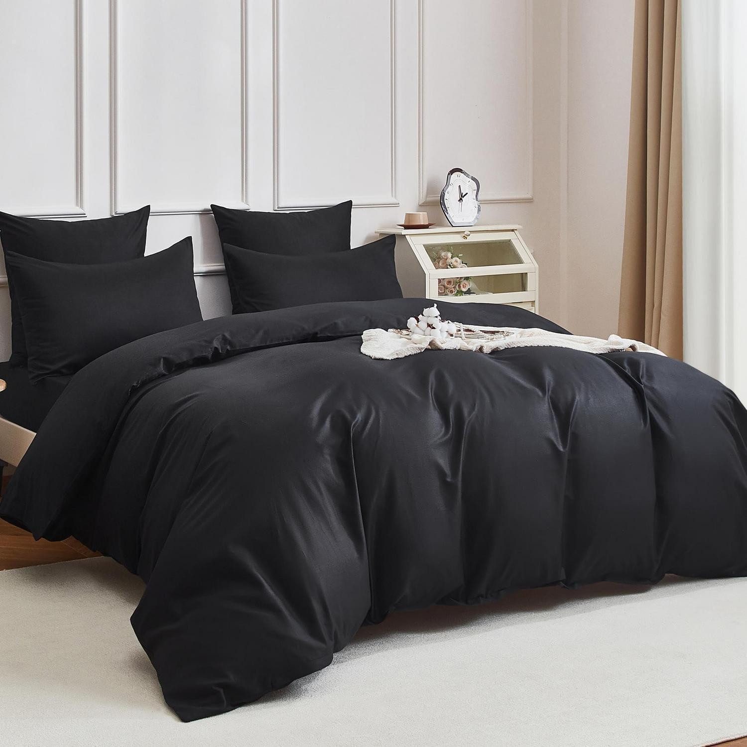 LuxusKollektion Bettwäsche Bettwäsche 220x240 Baumwolle Schwarz Uni