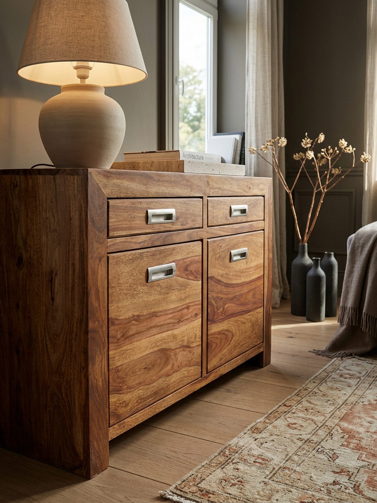 KADIMA DESIGN Kommode Sideboard MUMBAI Massivholz Kommode 90cm 2 Schubladen 2 Türen Anrichte, Türen Design Highboard Landhaus-Stil braun natur