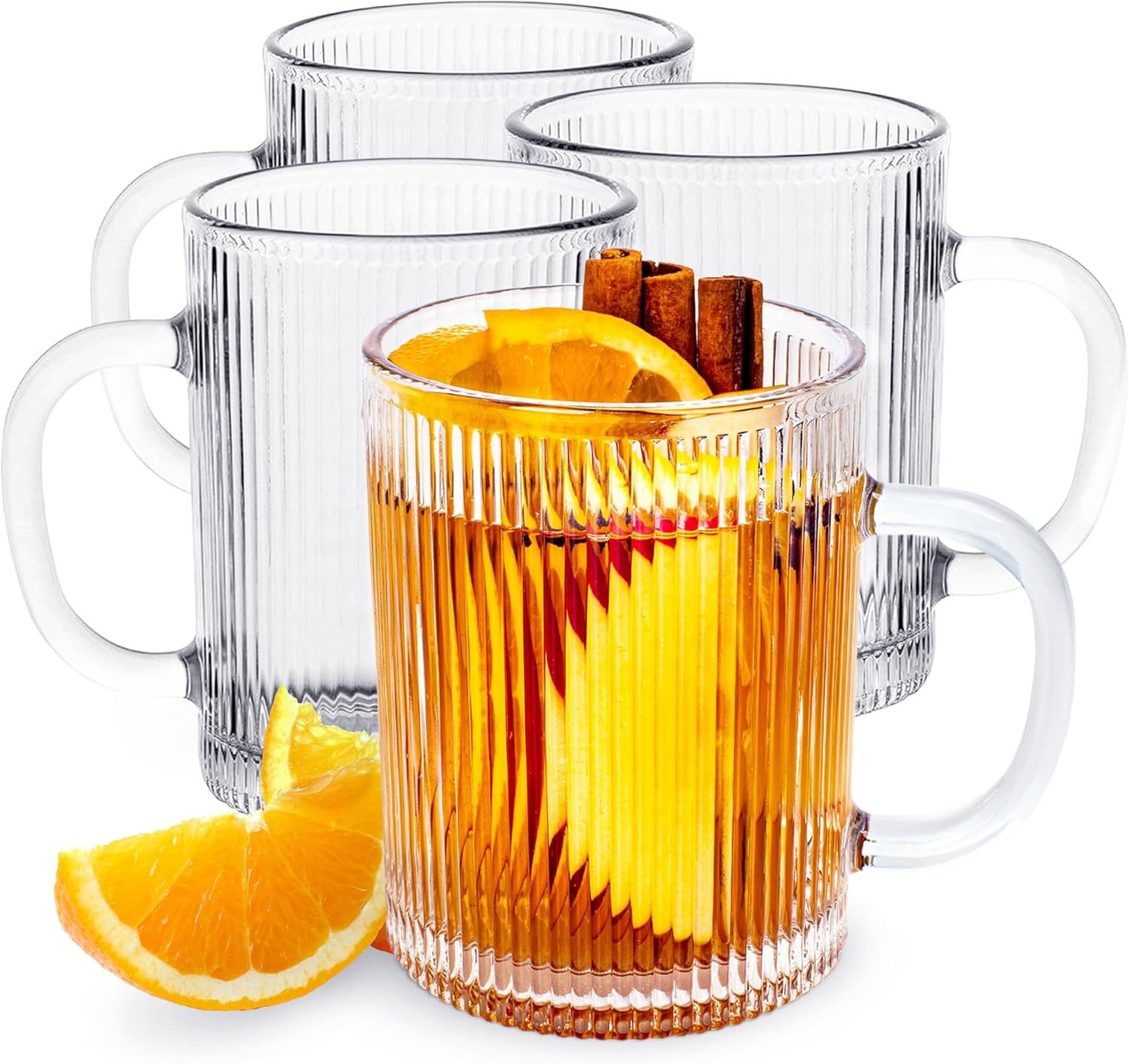 KONZEPT Gläser-Set Kaffeegläser Geriffelt 350ml Set 2/4/6 Stk. mit Henkel Transparent, 4-tlg., 350 ml, geriffelte, ideal als Kaffeegläser