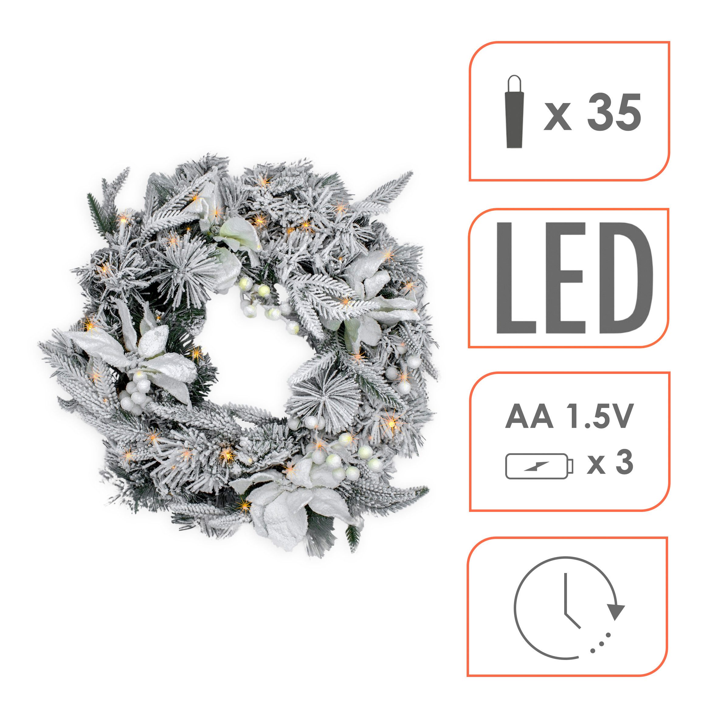 Spetebo Girlanden Weihnachtsgirlande oder -Kranz mit Schnee und weißen Blumen (1-tlg), mit Timer Funktion