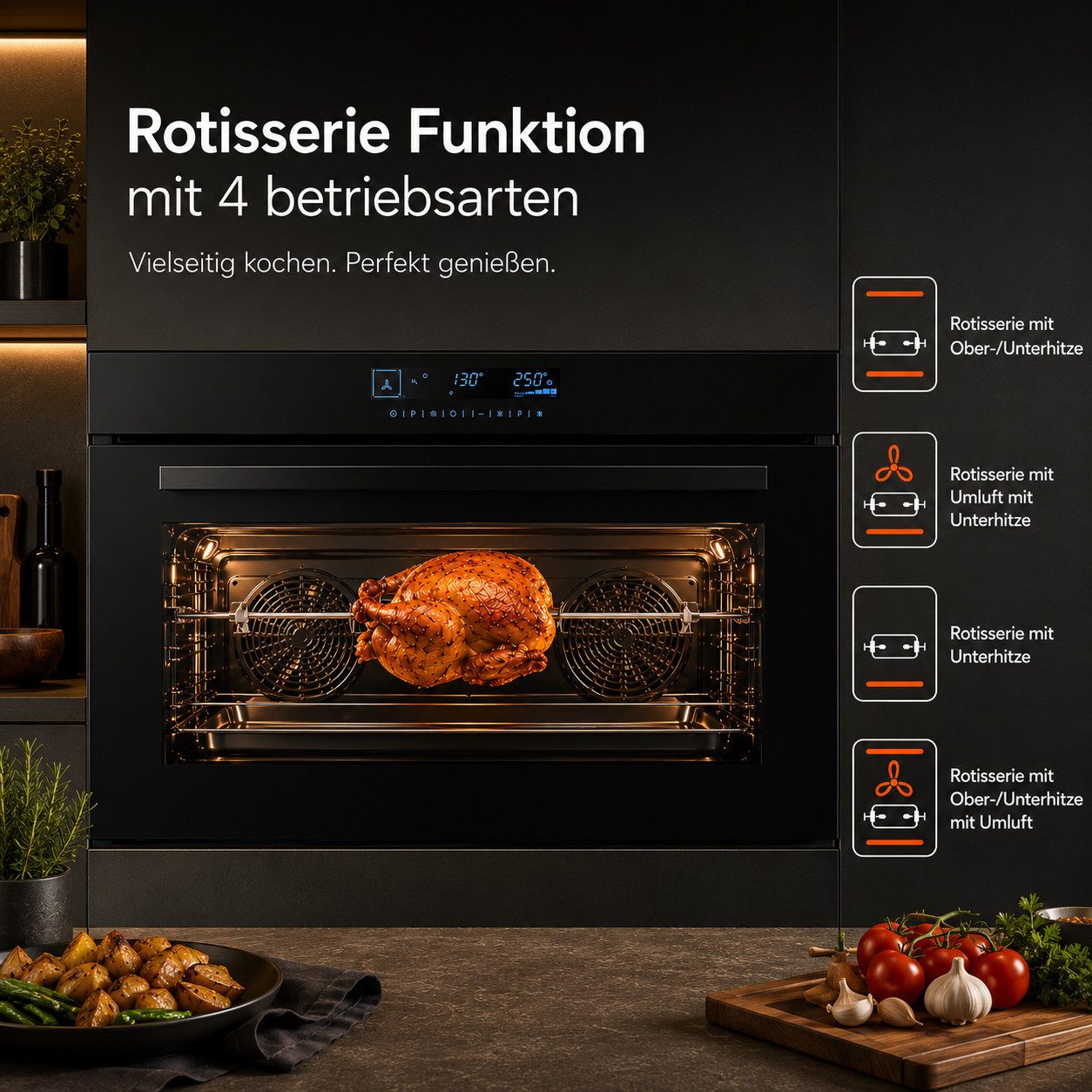 KB Elements Einbaubackofen 90 cm Einbaubackofen 125 Liter Air Fry Rotisserie Full Touch Display, mit 1-fach-Teleskopauszug, Air Fry, AQUA CLEAN,Full Touch,EEK A+