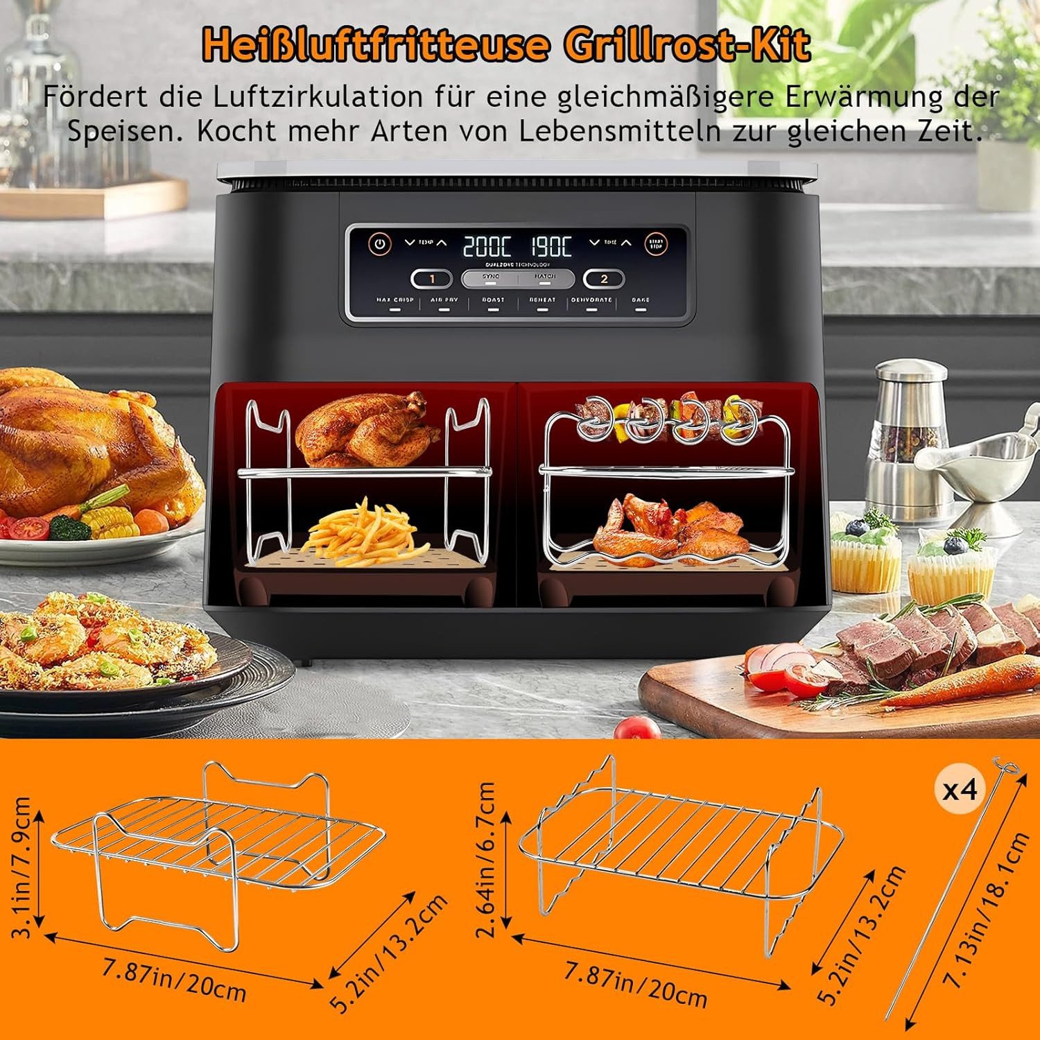 Refined Living Backform Airfryer Zubehör, Heißluftfritteuse Zubehör Set,Silikonformen,BPA-frei, (Heißluftfritteuse Zubehör Set 9-teilig, 100 Blatt Fettfreies BackpapierEdelstahl Rack, Spieße, Fritteusen Set, Dual-Zone Heißluftfritteuse Zubehör, Ideal für Pommes, Hähnchen und mehr,Familien und Partys, Langlebig, Vielseitigkeit, Gesund kochen, Keine Fette, keine Öle, Ninja Airfryer Zubehör 9-tlg), Für Ninja Foodi AF300EU, AF400EU und 7,6L-9,5L Zwei-Zonen-Fritteusen