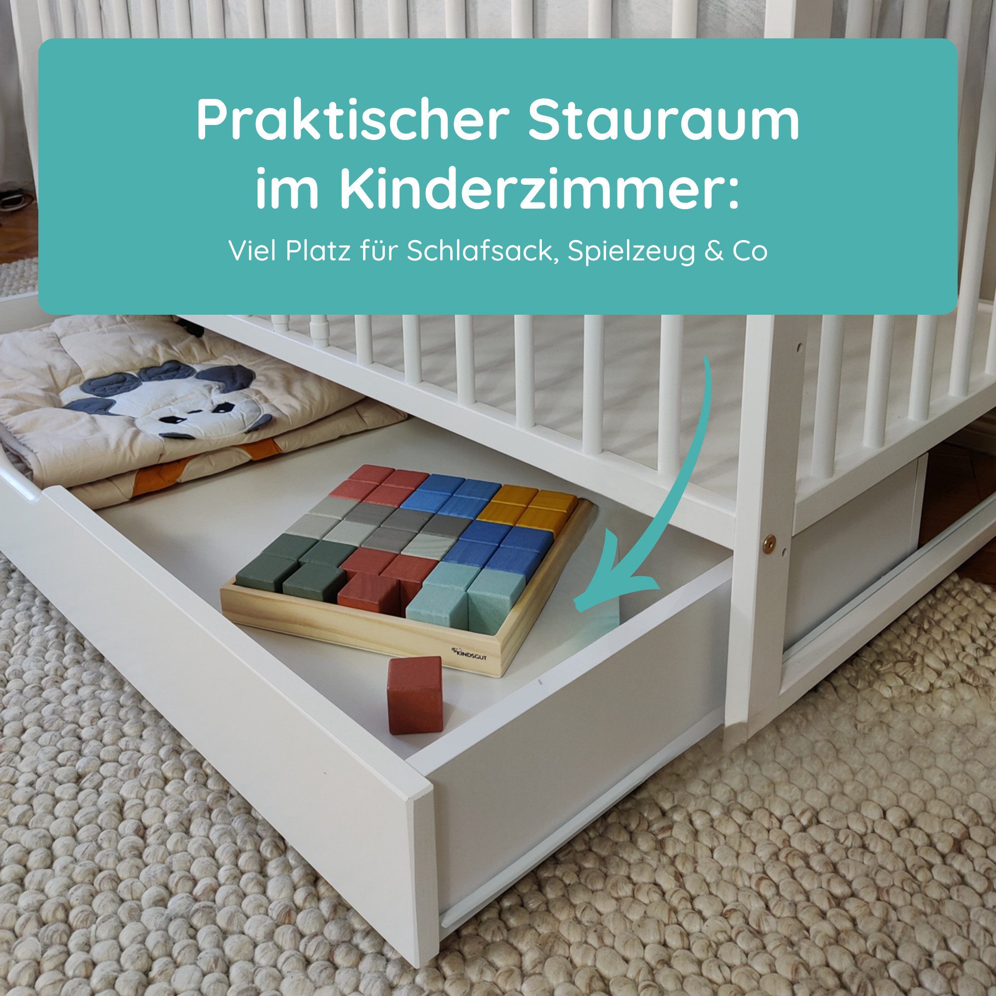 Kids Collective Baby Bed, Cot, 60x120 cm Set with Mattress & Drawer, Height-Adjustable Slatted Base & Removable Bars, White, Solid Wood