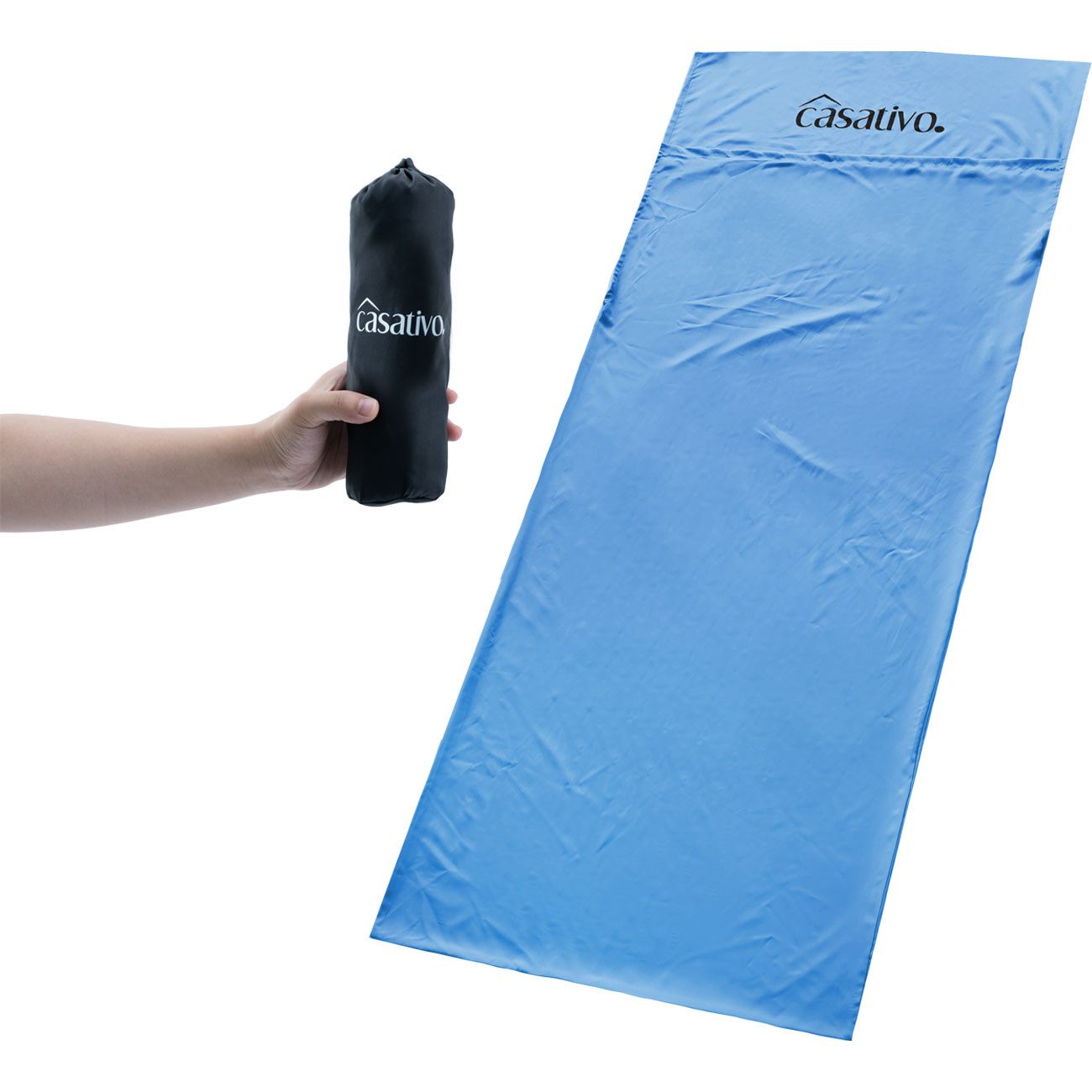 Casativo Hüttenschlafsack Ultraleicht Hüttenschlafsack aus atmungsaktiven Mikrofasern 200g Blau (1 tlg), Kissenfach & Transporthülle, 210x75 cm, Packmaß (6x25 cm)