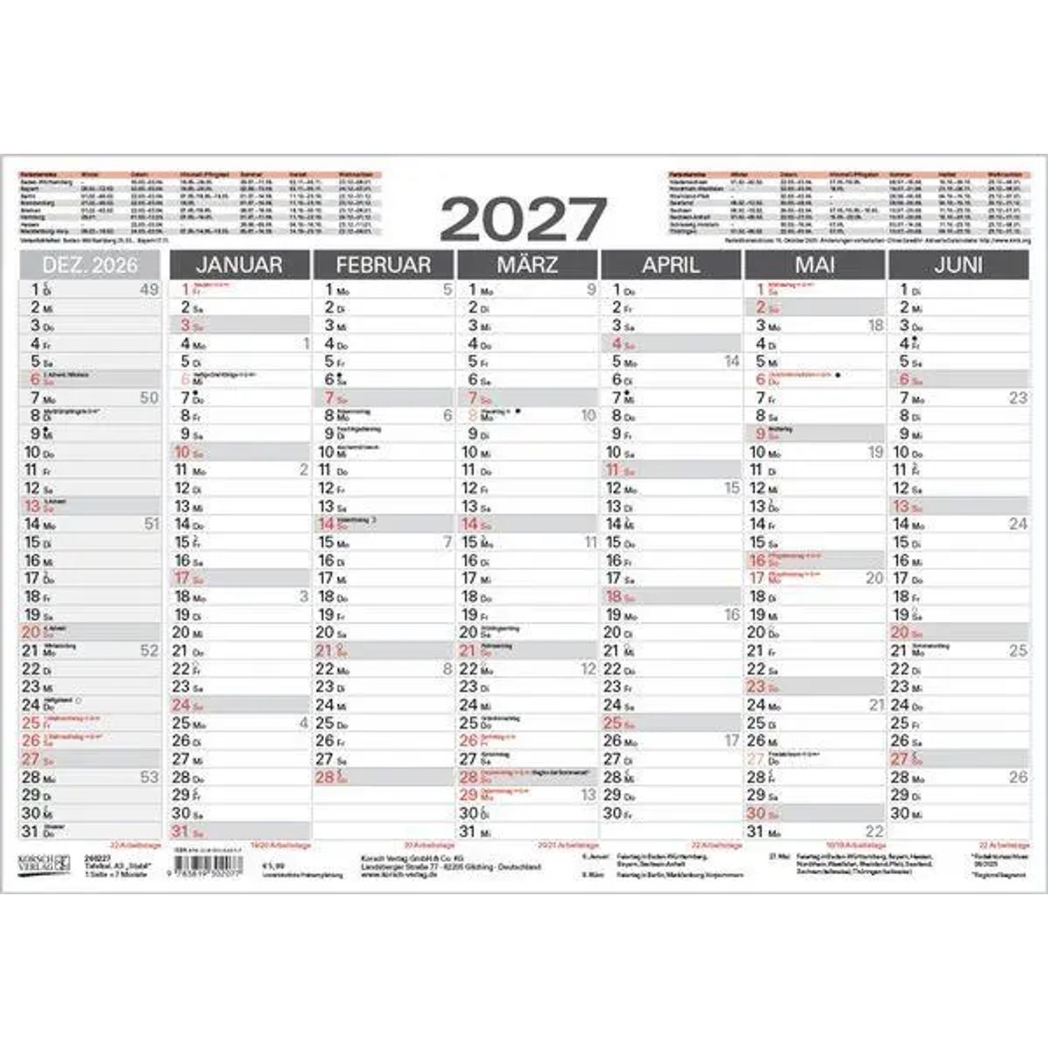 Korsch Verlag Wandkalender Tafelkalender A3 "Stabil" 2027