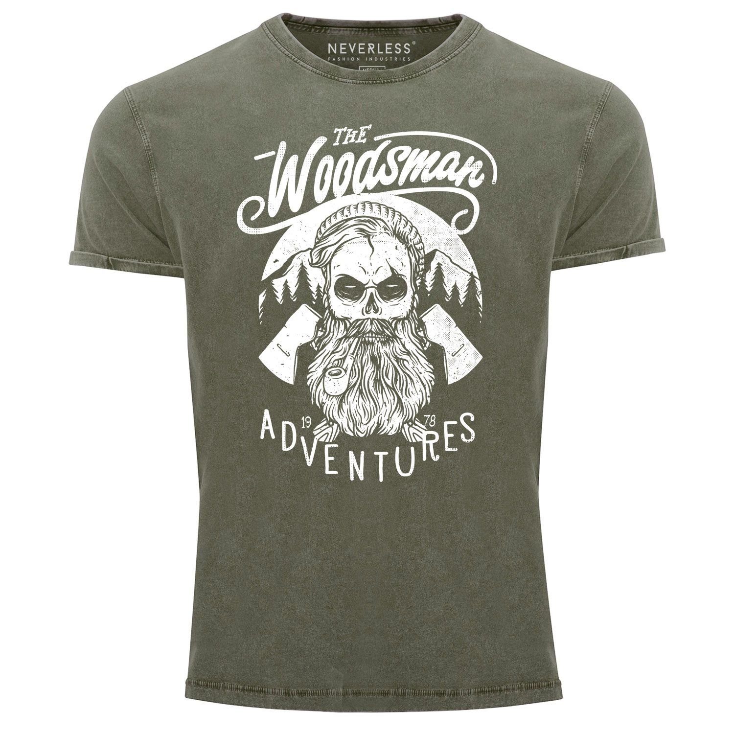 Neverless Print-Shirt Cooles Angesagtes Herren T-Shirt Vintage Shirt Lumberjack Woodsman Hipster Bart Skull Aufdruck Used Look Slim Fit Neverless® mit Print oliv