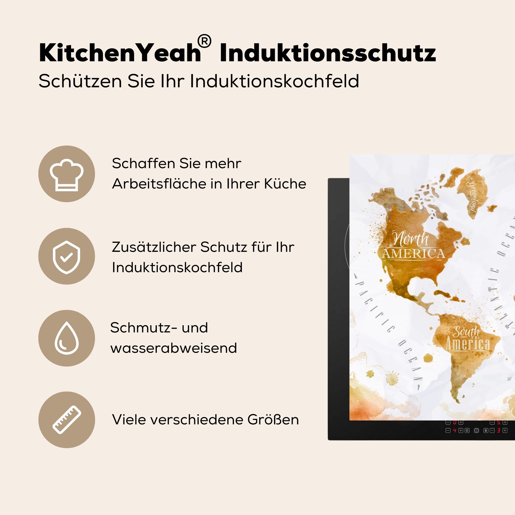 Induktionskochfeld Vinyl, 81x52 (1 tlg), Herdblende-/Abdeckplatte Schutz für Braun Weltkarte Farbe, cm, die küche, - MuchoWow - Ceranfeldabdeckung