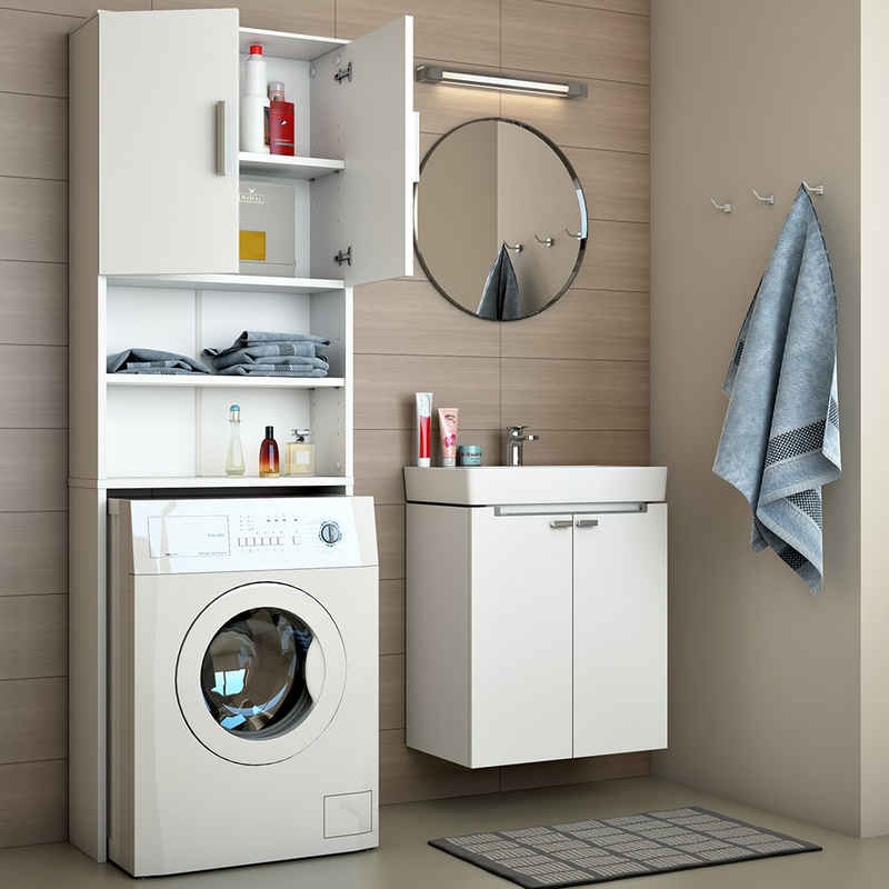 Vicco Waschmaschinenumbauschrank »Waschmaschinenschrank 190 x 64 cm Weiß - Badregal Regal Hochschrank für Waschmaschine Trockner«