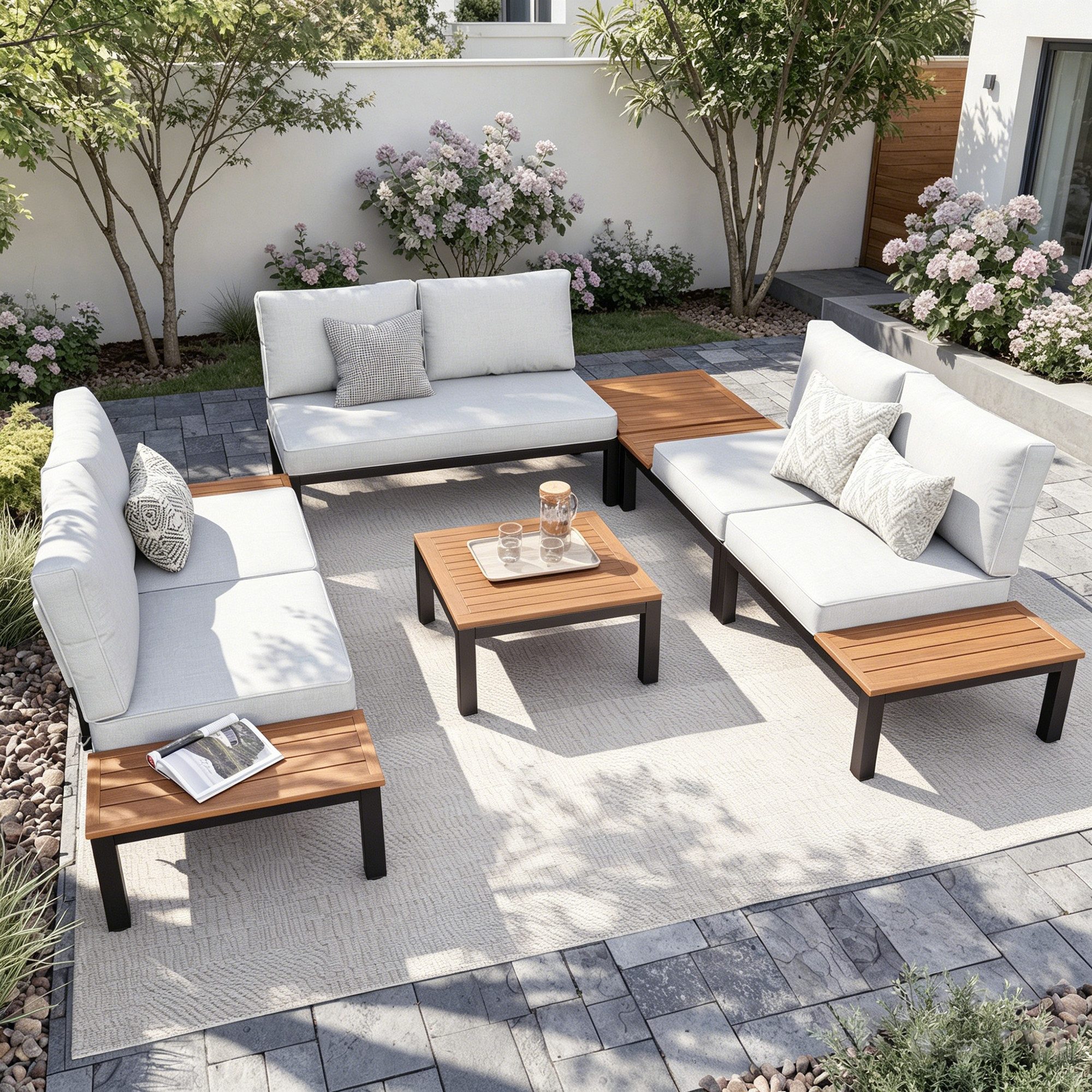 PHI VILLA Gartenlounge-Set, (Balkonmöbel Outdoor Ecksofa, Metall Gartenmöbel Set), Außen Gartensofa Wetterfest mit Couchtisch und Kissen, Beige-Grau