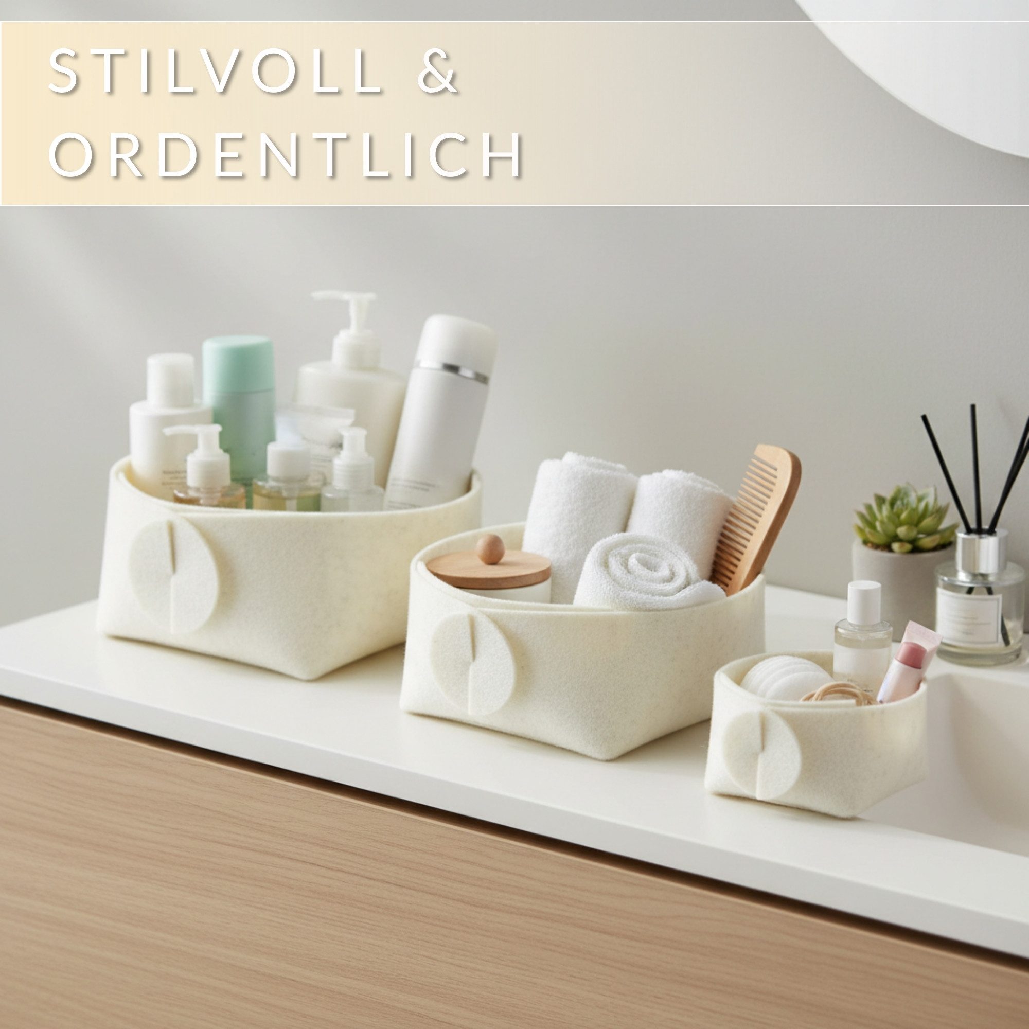 Libaro Badorganizer Aufbewahrungsbox stapelbar Ordnungsboxen Aufbewahrungskorb Stoff beige (3er-Set), Aufbewahrung Deko Ordnungsboxen Aufbewahrungskorb Filz