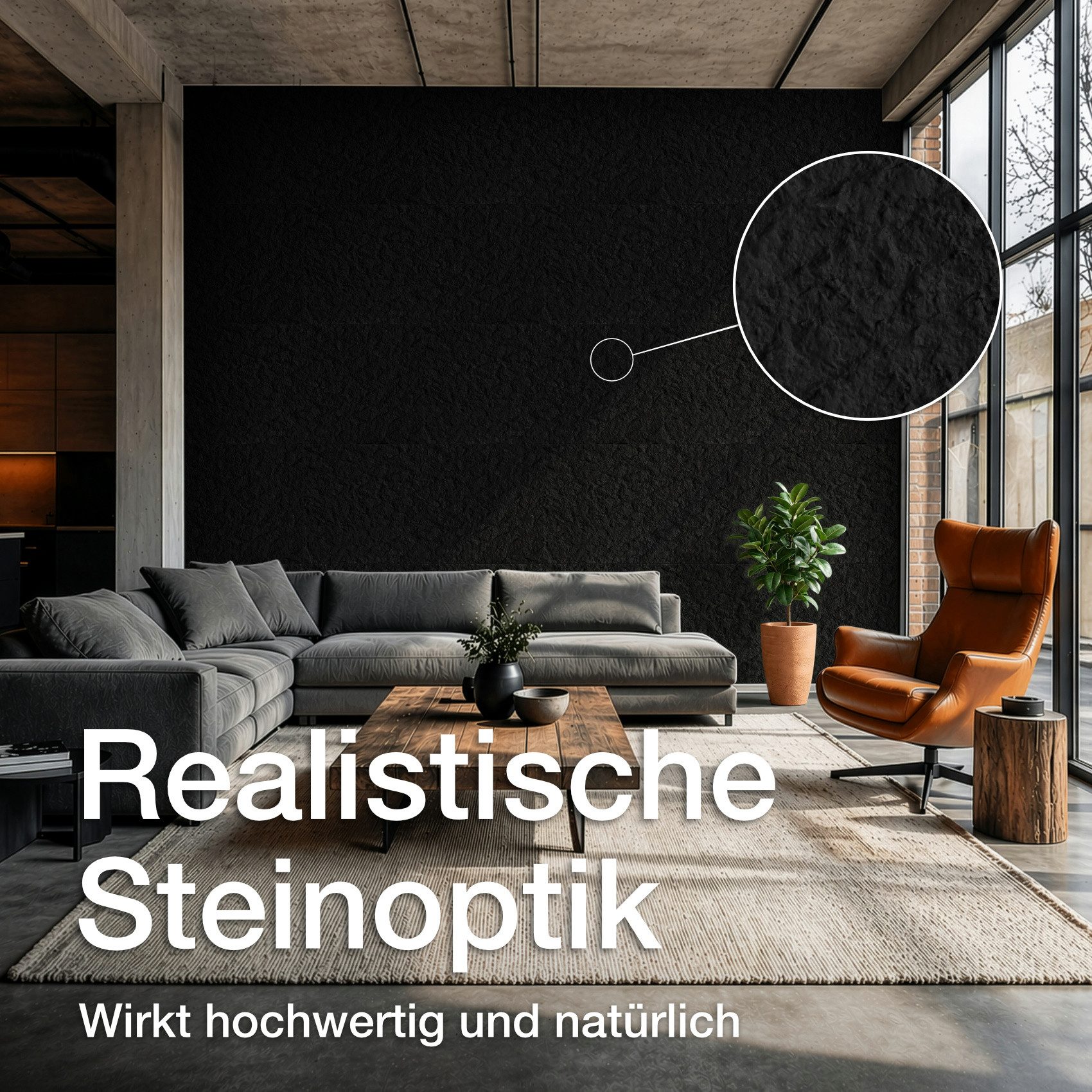 Hexim 3D Wandpaneel, (Steinoptik 2 Stück 120x60cm – Felswand PU Wandverkleidung, Täuschend echte Bruchstein 3D Paneele für Wohnzimmer – 2cm starke Steinplatte schwarz (1,44m² Dark Black)